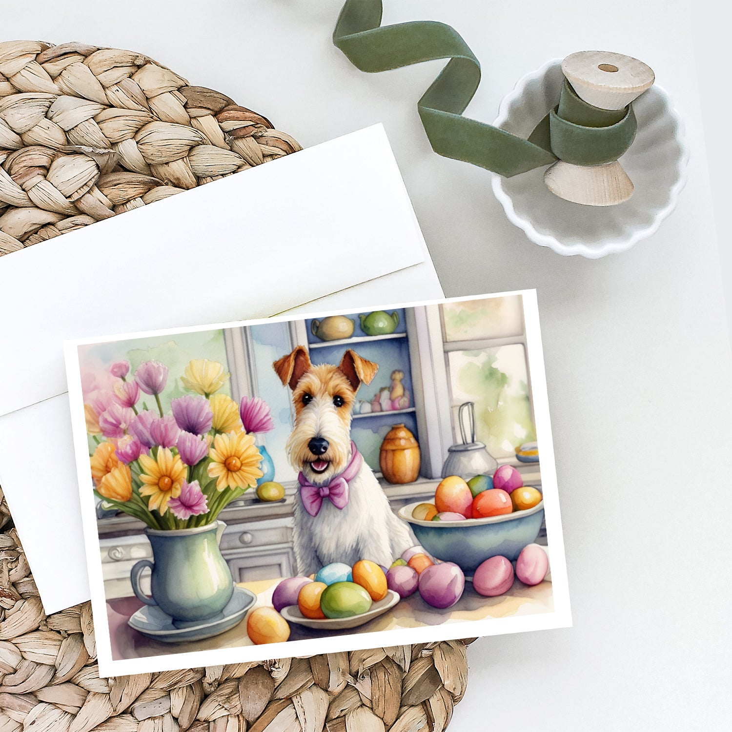 Decorating Easter Fox Terrier Greeting Cards Pack of 8