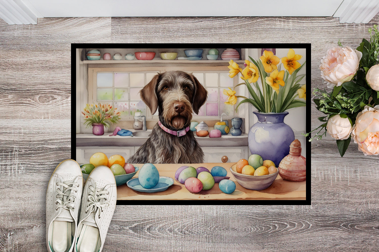 Decorating Easter German Wirehaired Pointer Doormat