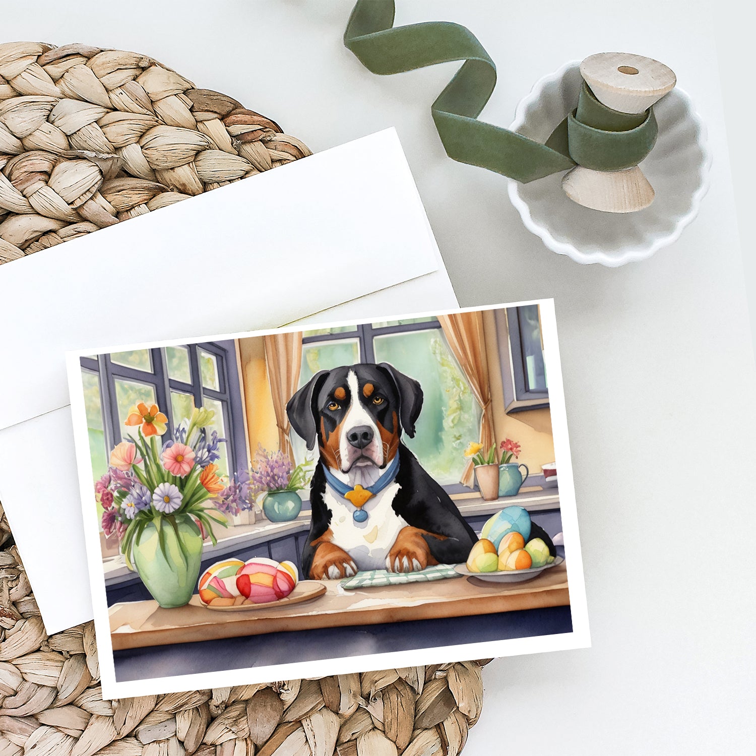 Decorating Easter Greater Swiss Mountain Dog Greeting Cards Pack of 8