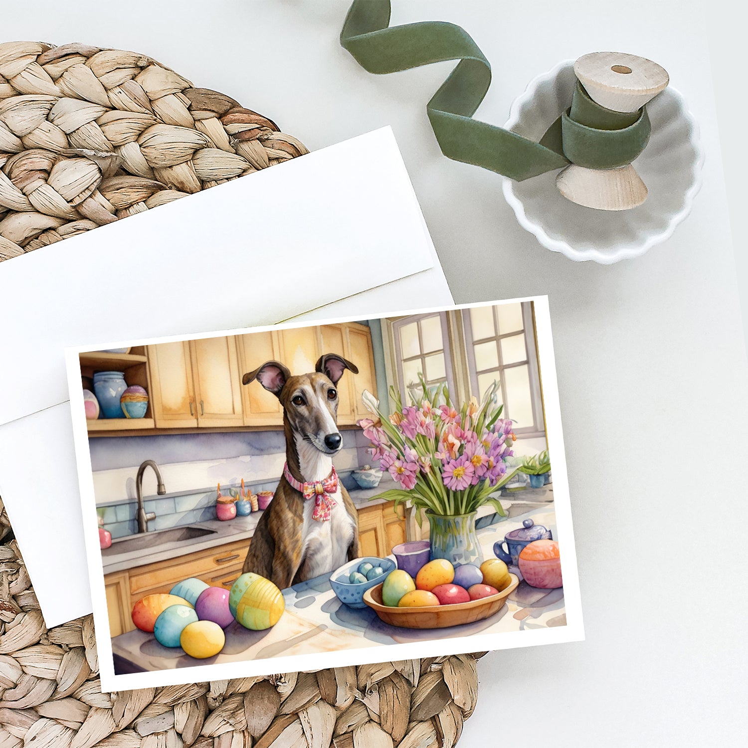 Buy this Decorating Easter Greyhound Greeting Cards Pack of 8