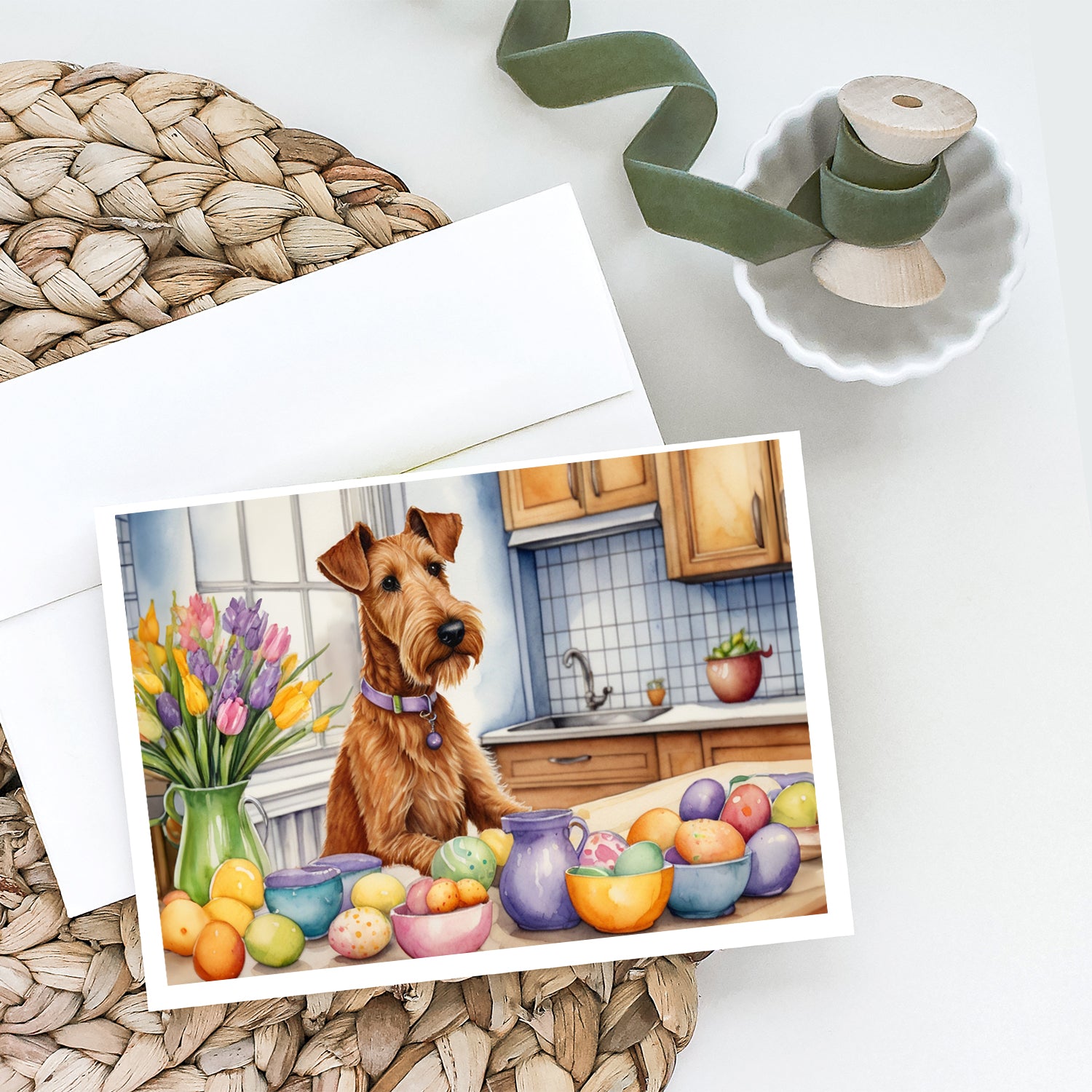 Decorating Easter Irish Terrier Greeting Cards Pack of 8