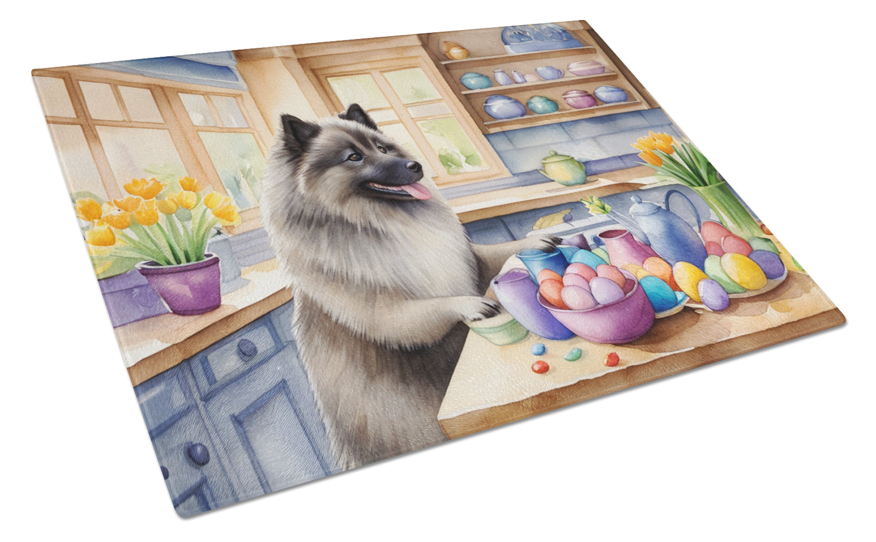 Buy this Decorating Easter Keeshond Glass Cutting Board