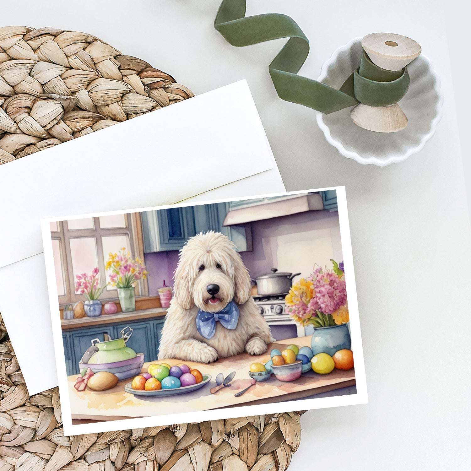 Buy this Decorating Easter Komondor Greeting Cards Pack of 8