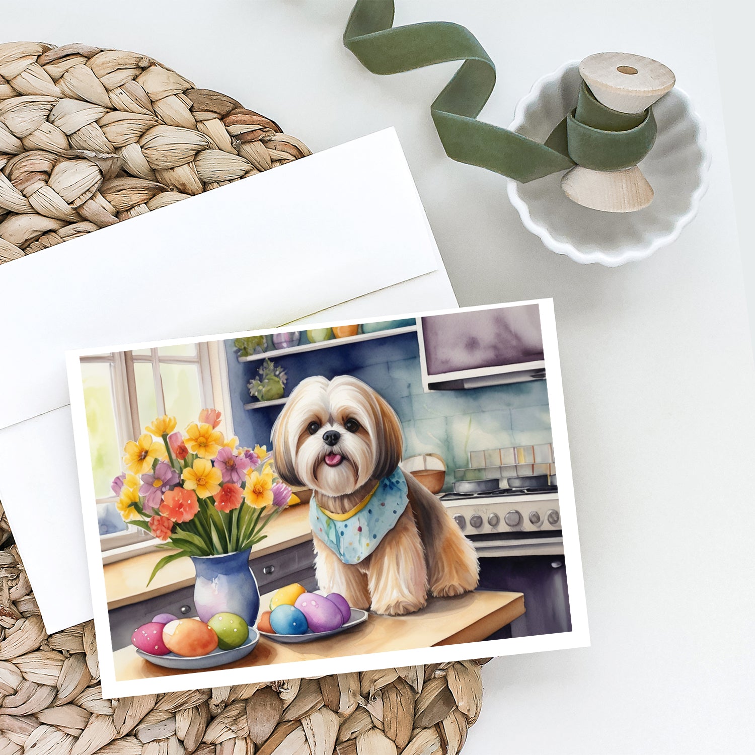 Decorating Easter Lhasa Apso Greeting Cards Pack of 8