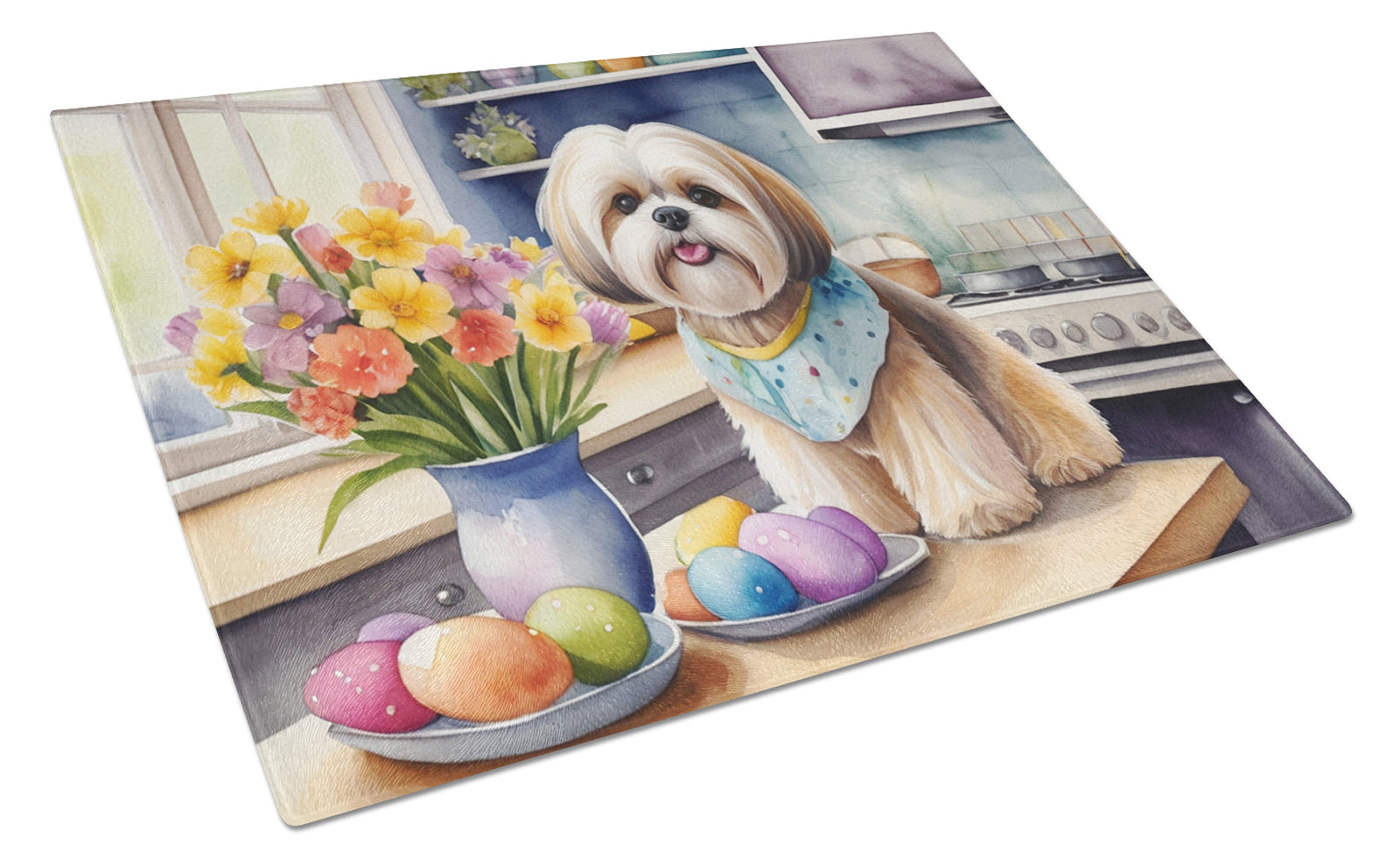 Buy this Decorating Easter Lhasa Apso Glass Cutting Board