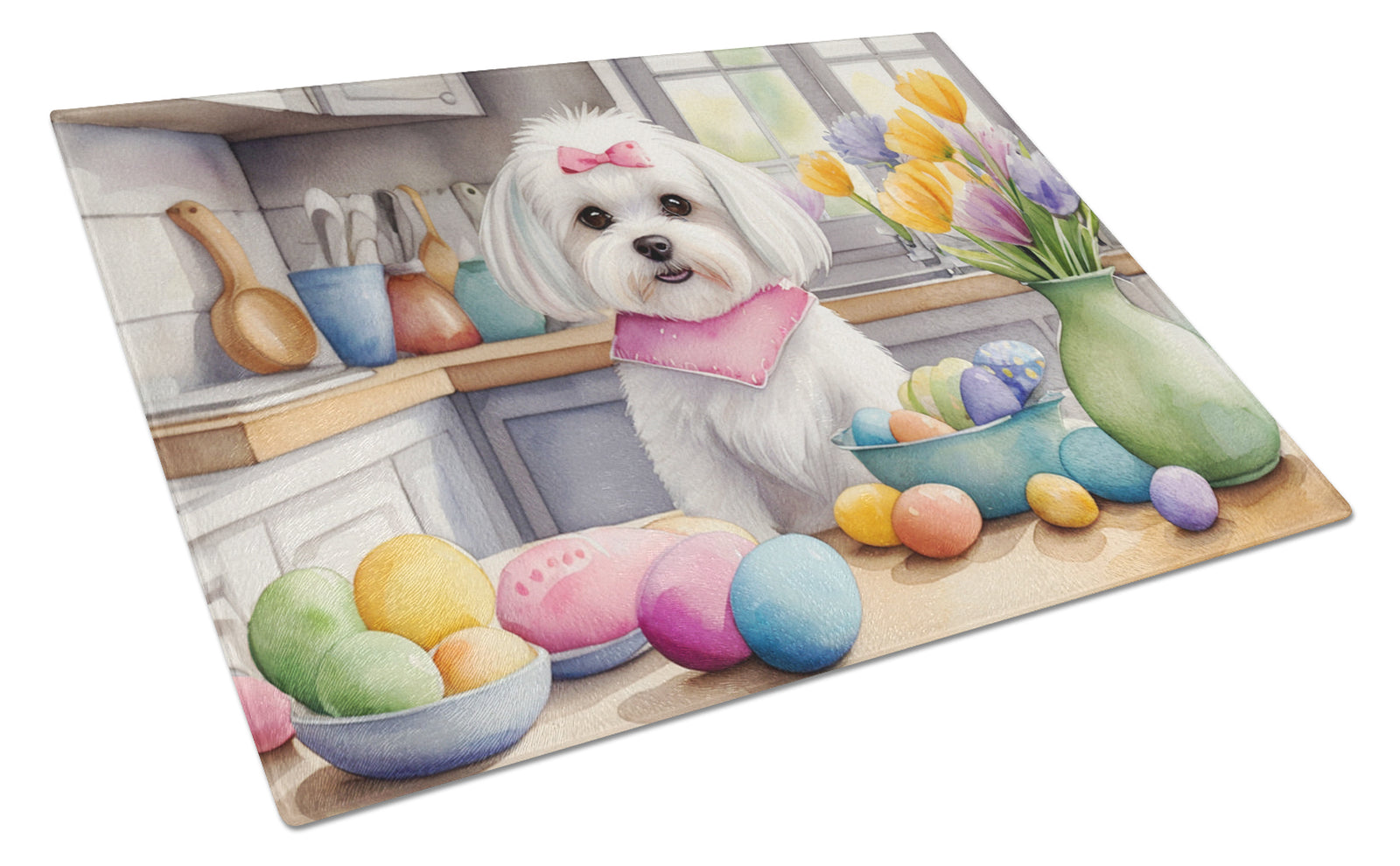 Buy this Decorating Easter Maltese Glass Cutting Board