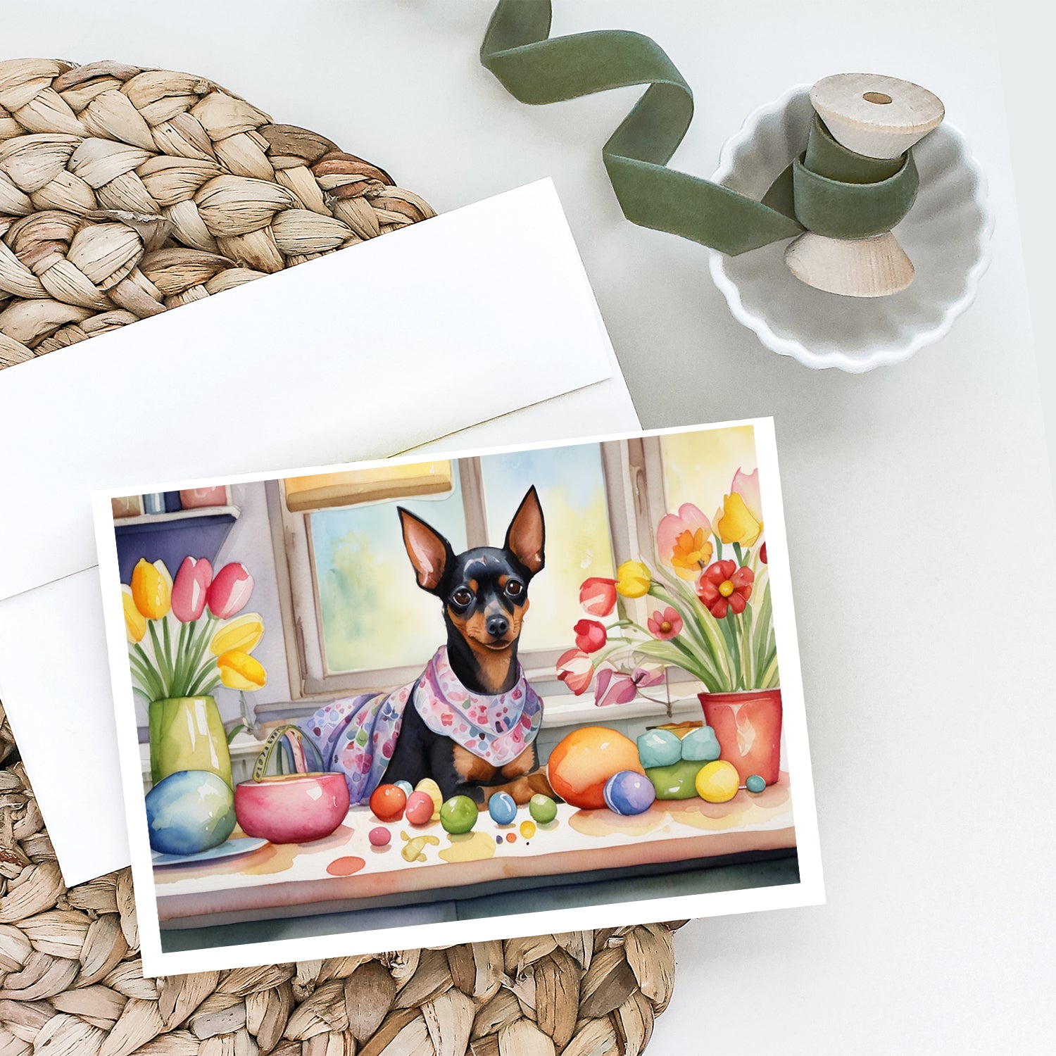 Decorating Easter Miniature Pinscher Greeting Cards Pack of 8