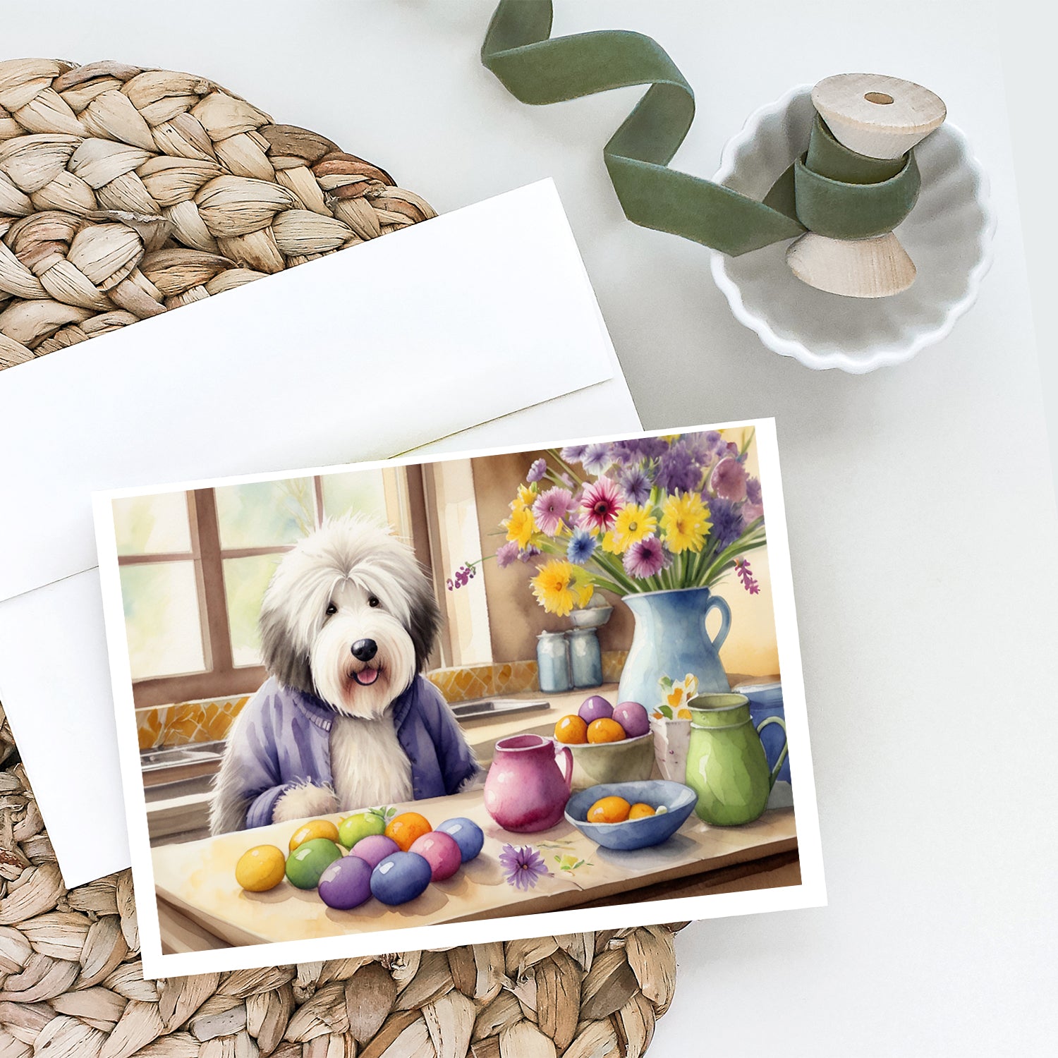 Buy this Decorating Easter Old English Sheepdog Greeting Cards Pack of 8