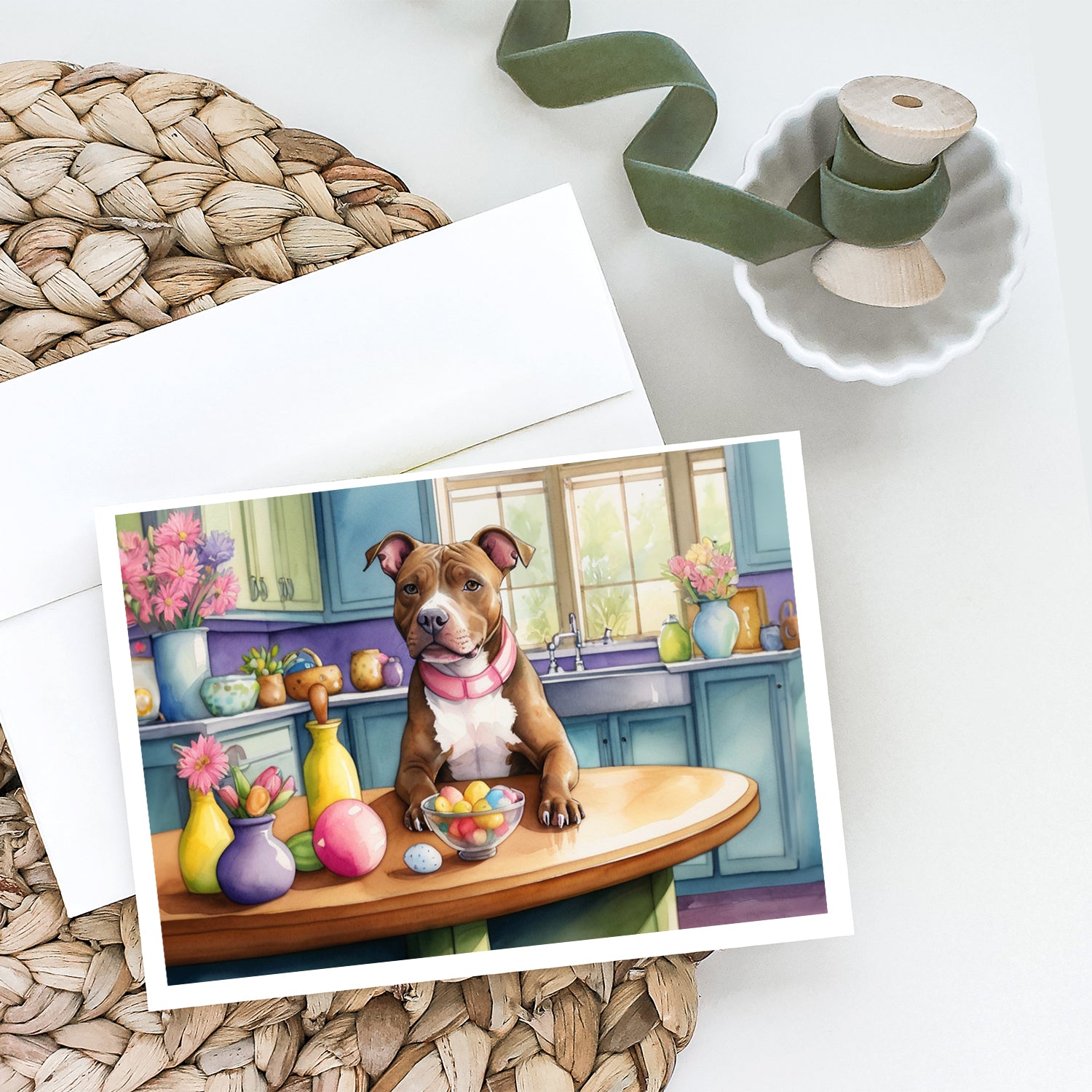 Buy this Decorating Easter Pit Bull Terrier Greeting Cards Pack of 8