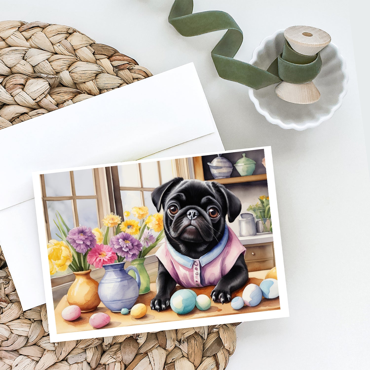 Buy this Decorating Easter Pug Greeting Cards Pack of 8