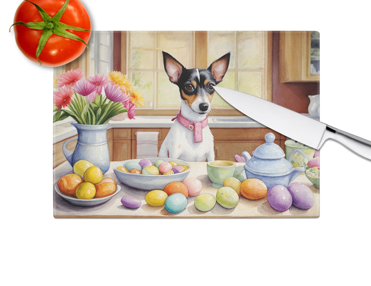 Decorating Easter Rat Terrier Glass Cutting Board