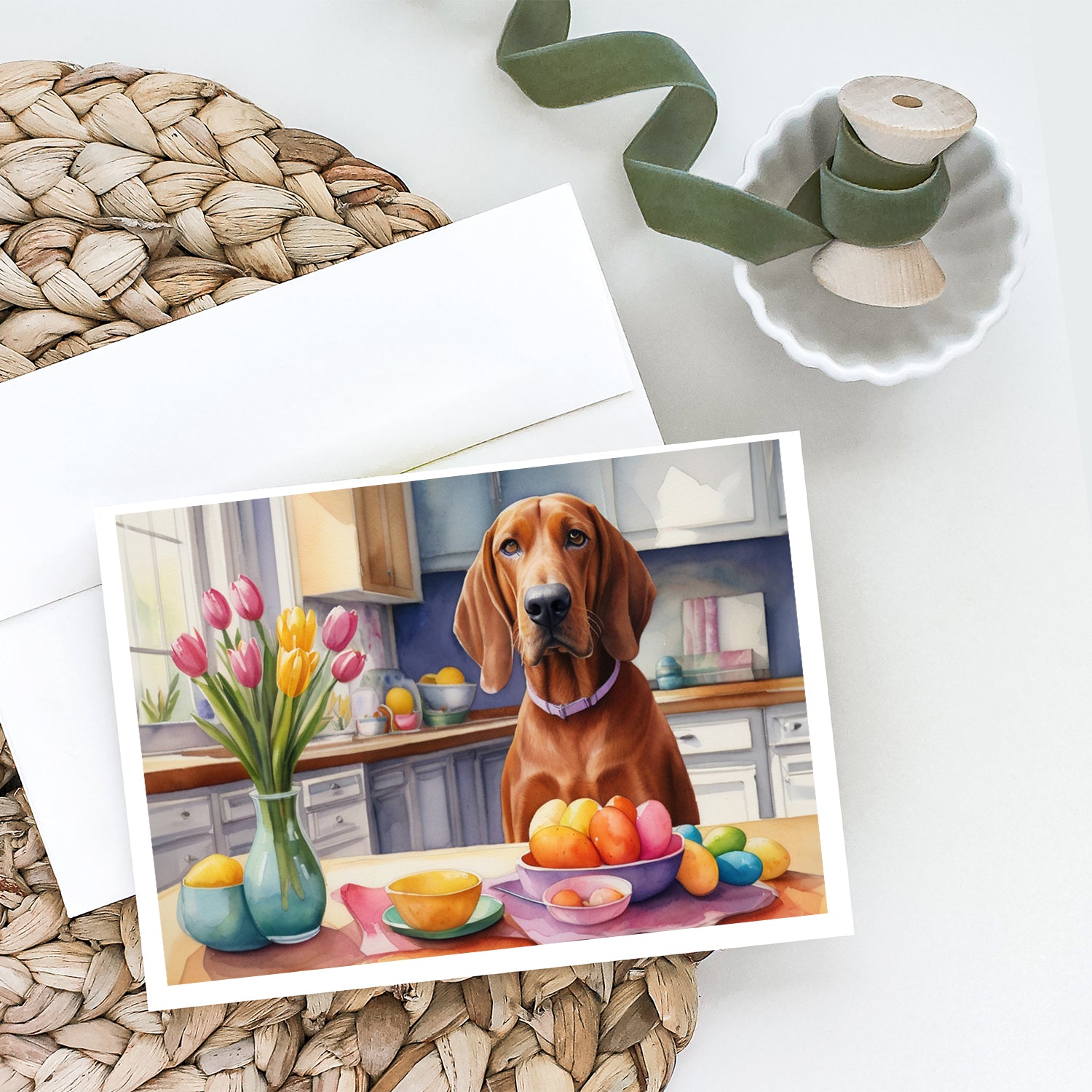 Decorating Easter Redbone Coonhound Greeting Cards Pack of 8