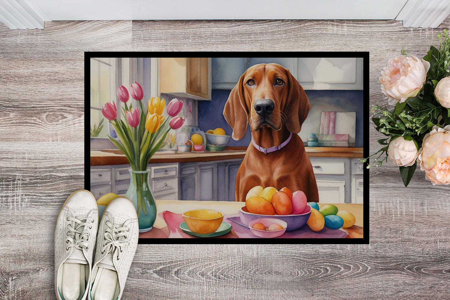 Decorating Easter Redbone Coonhound Doormat