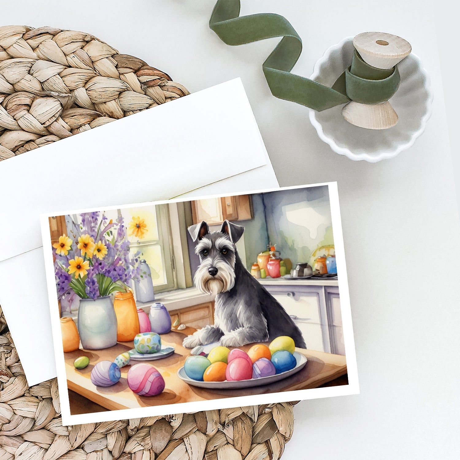 Buy this Decorating Easter Schnauzer Greeting Cards Pack of 8