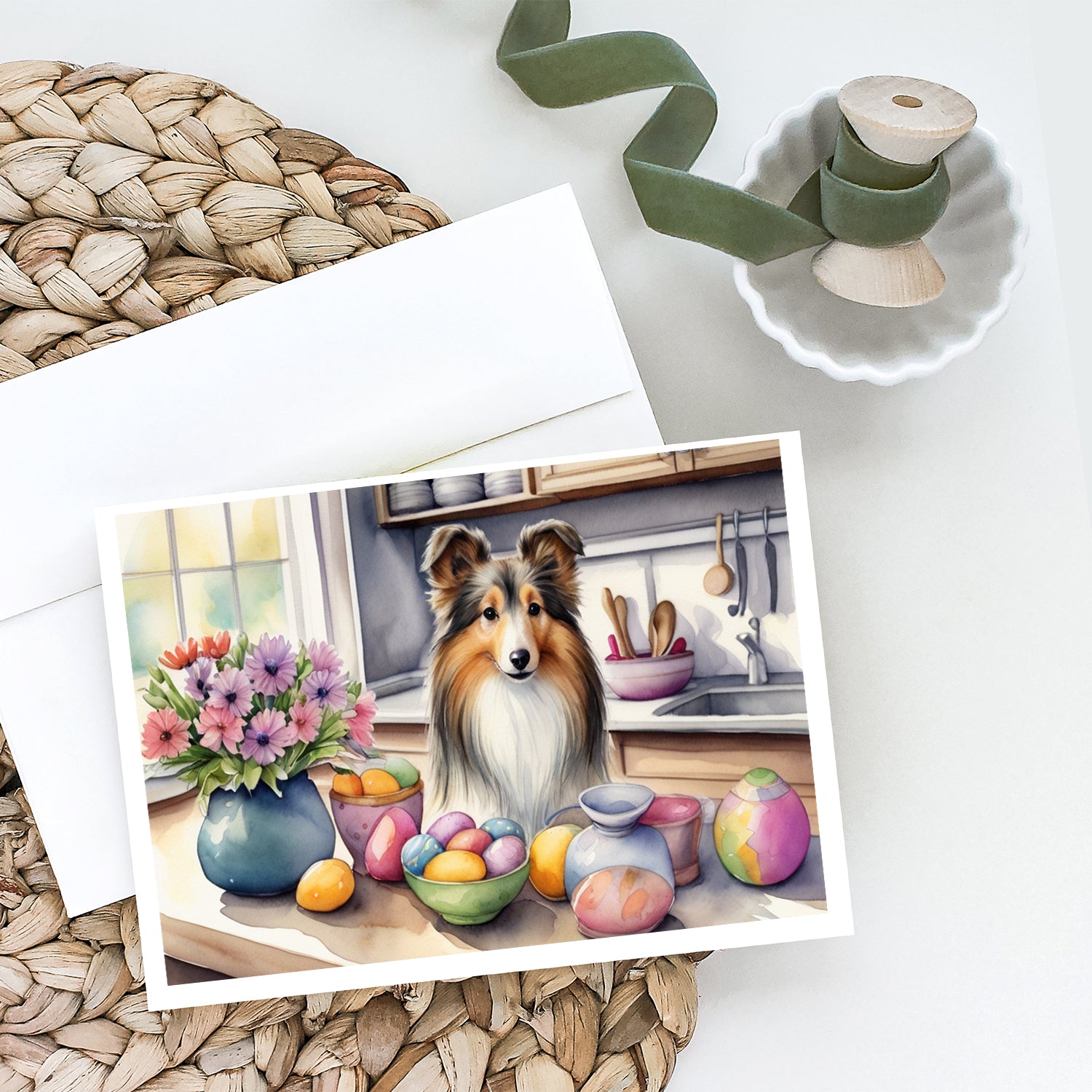 Buy this Decorating Easter Sheltie Greeting Cards Pack of 8