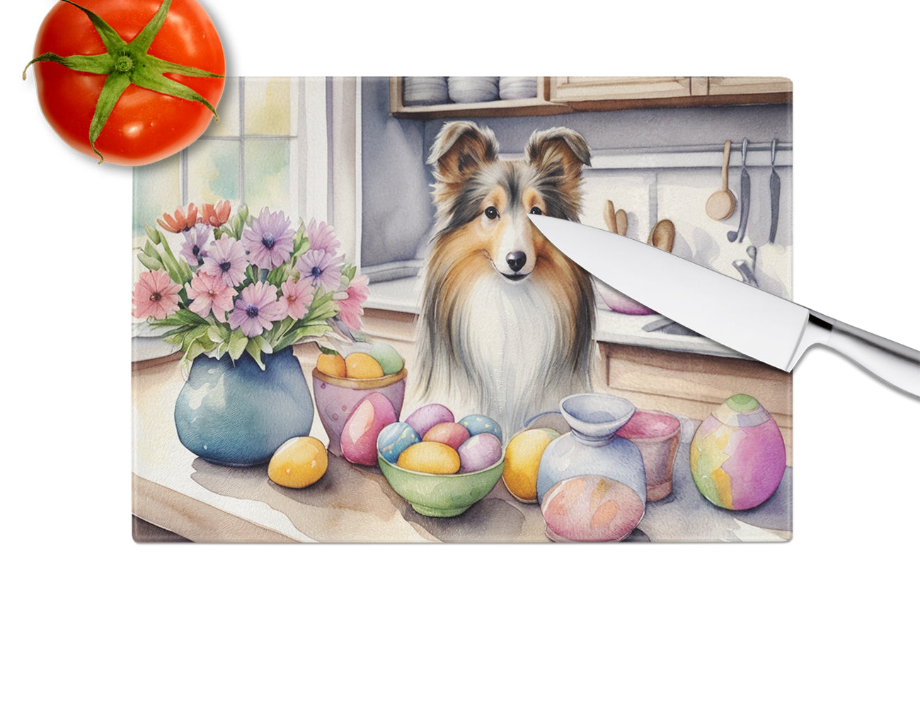 Decorating Easter Sheltie Glass Cutting Board