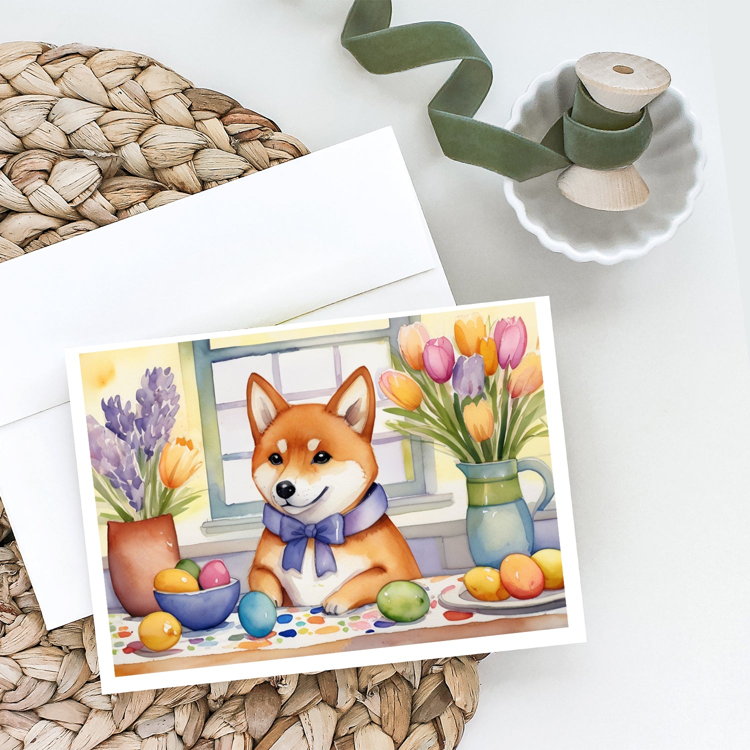 Decorating Easter Shiba Inu Greeting Cards Pack of 8