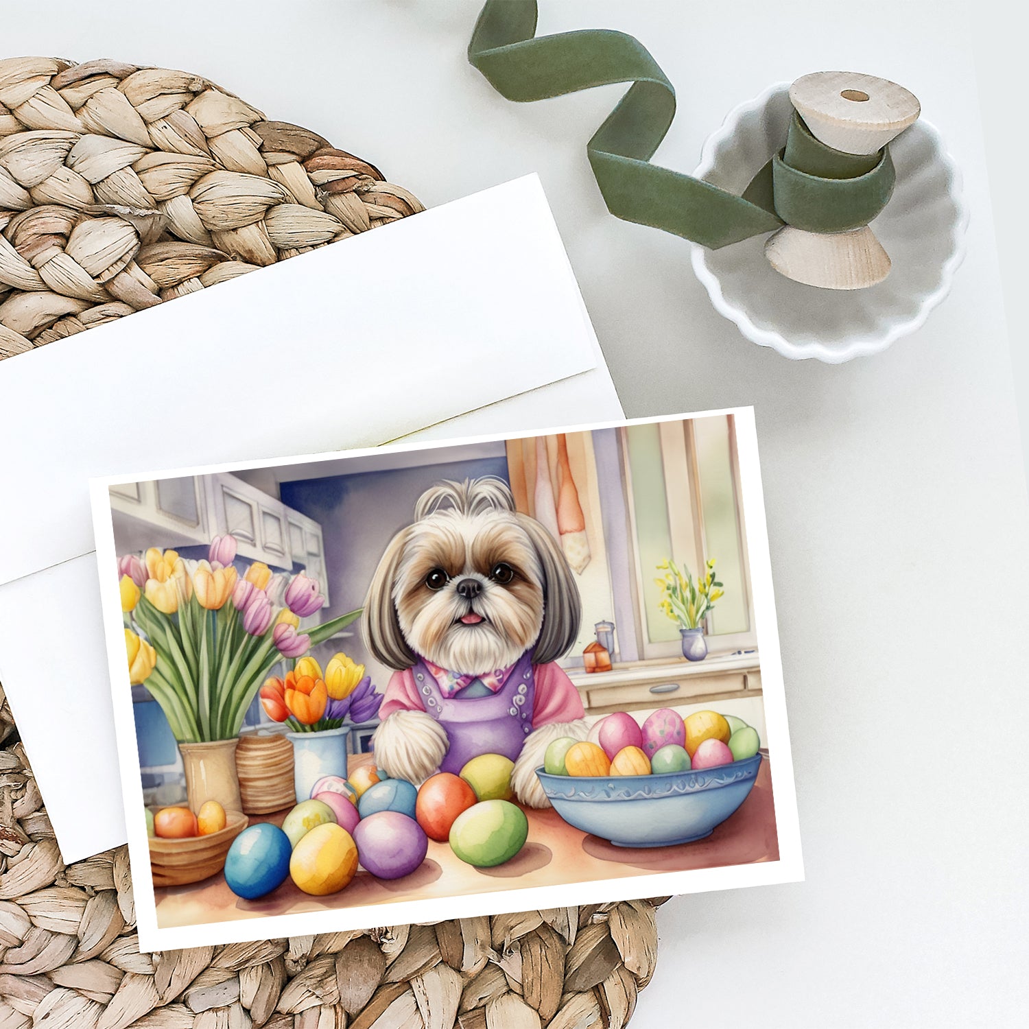Buy this Decorating Easter Shih Tzu Greeting Cards Pack of 8