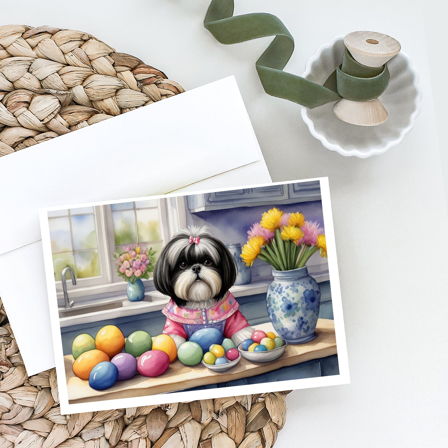 Buy this Decorating Easter Shih Tzu Greeting Cards Pack of 8