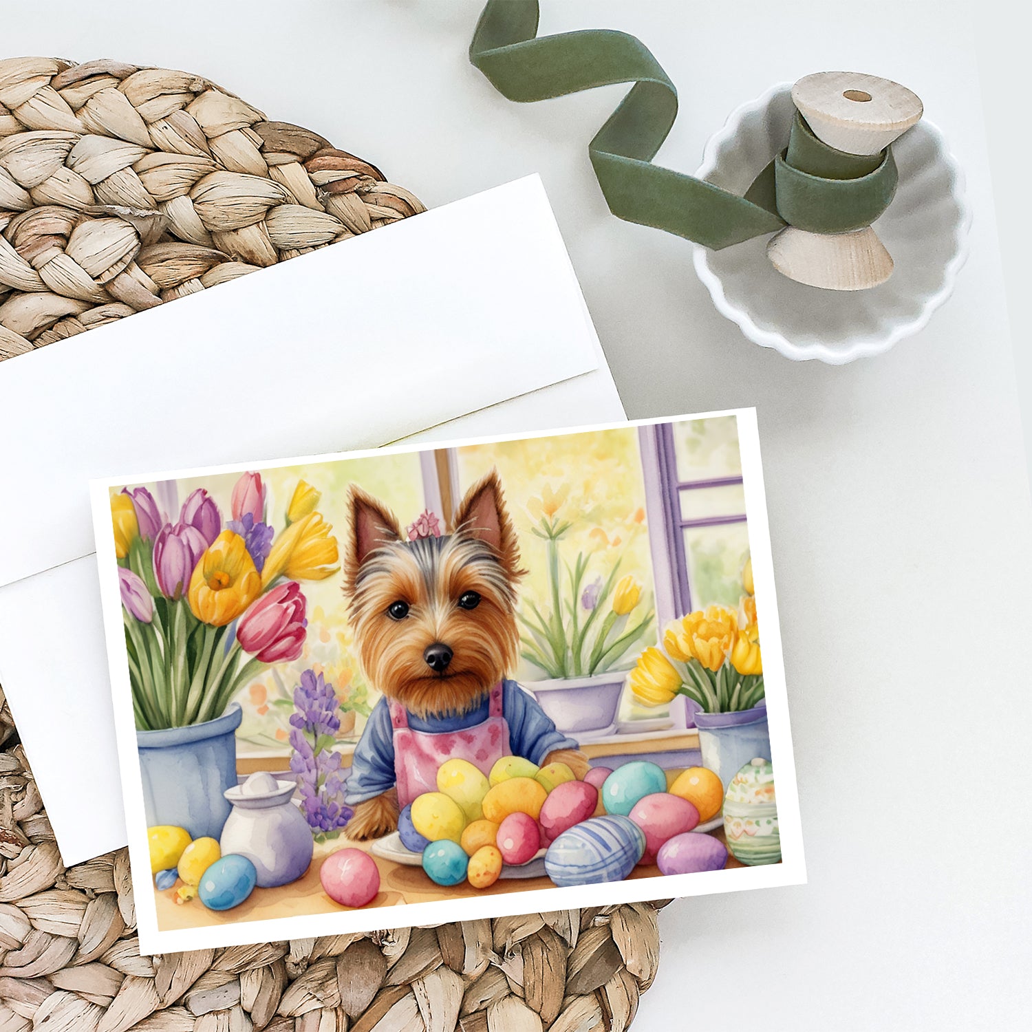 Decorating Easter Silky Terrier Greeting Cards Pack of 8