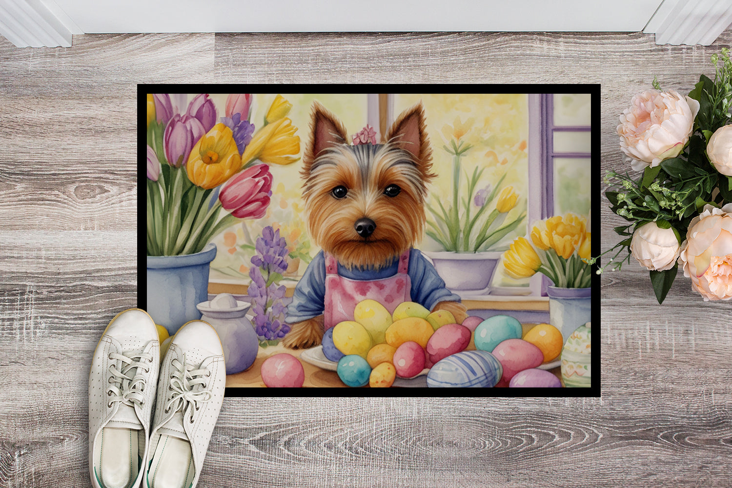 Decorating Easter Silky Terrier Doormat