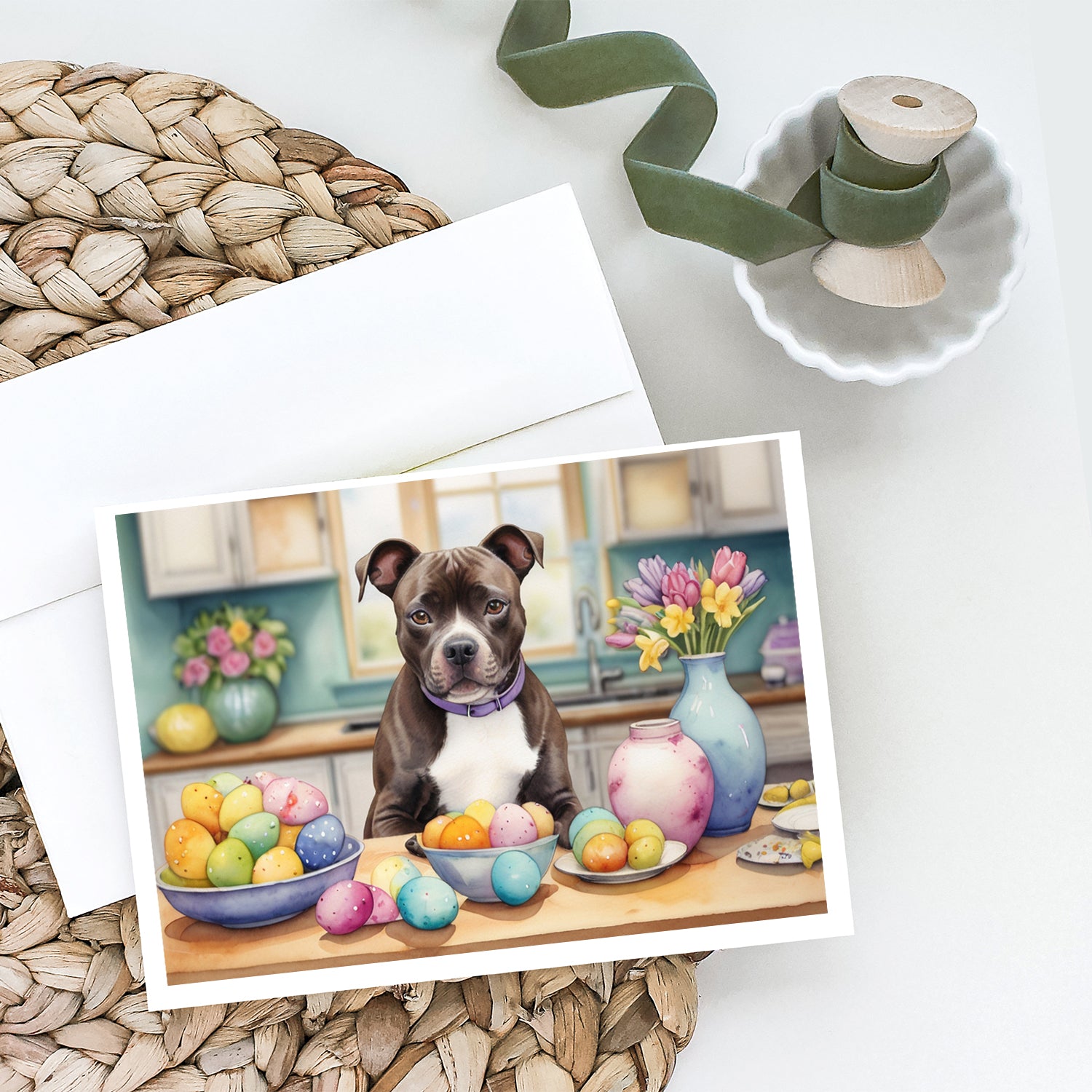 Buy this Decorating Easter Staffordshire Bull Terrier Greeting Cards Pack of 8