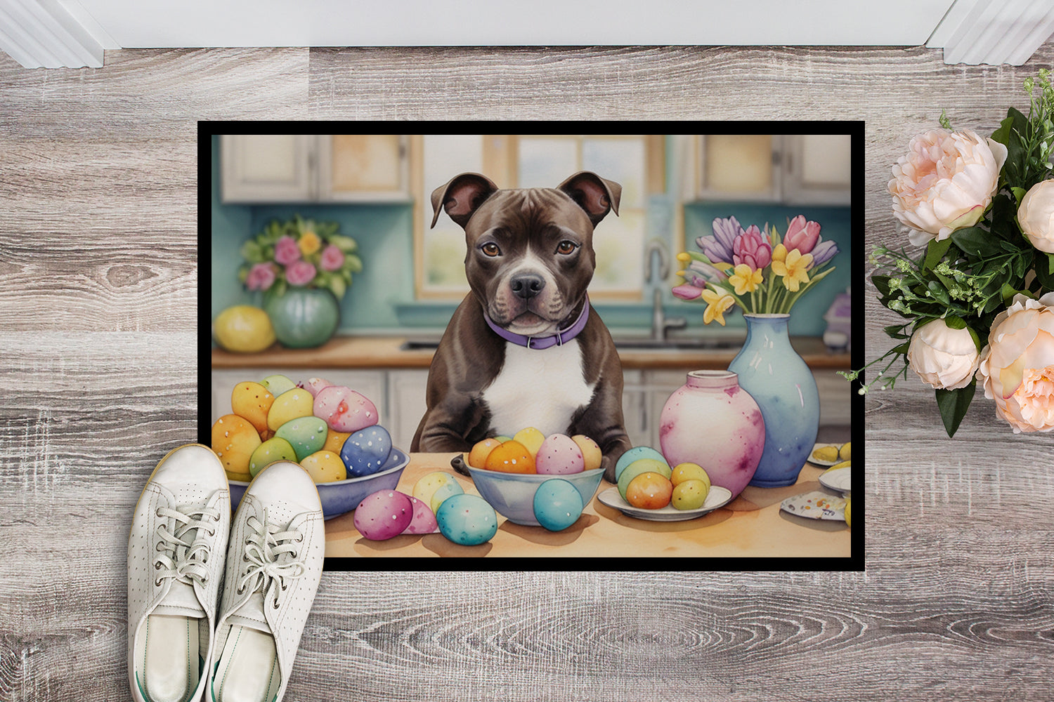 Decorating Easter Staffordshire Bull Terrier Doormat