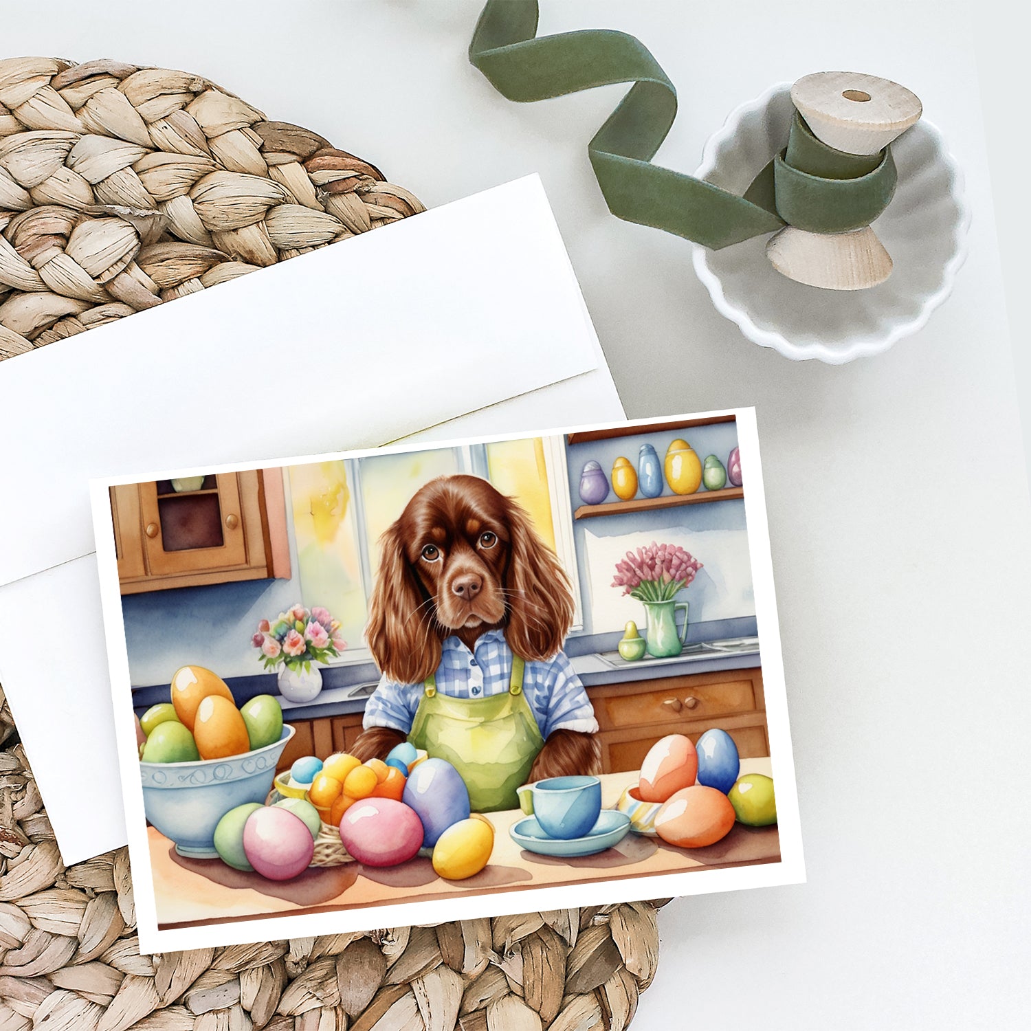 Buy this Decorating Easter Sussex Spaniel Greeting Cards Pack of 8