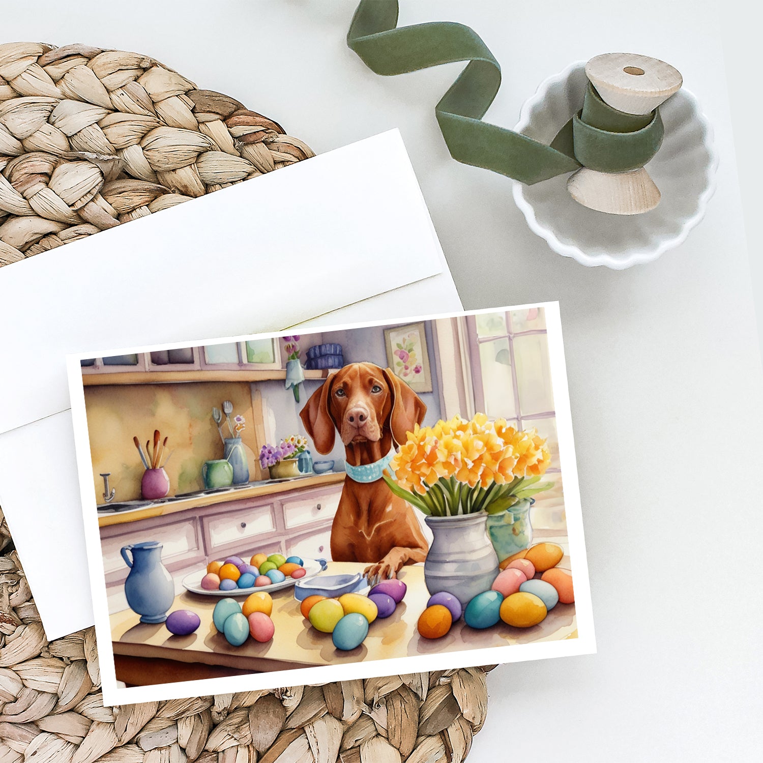 Buy this Decorating Easter Vizsla Greeting Cards Pack of 8