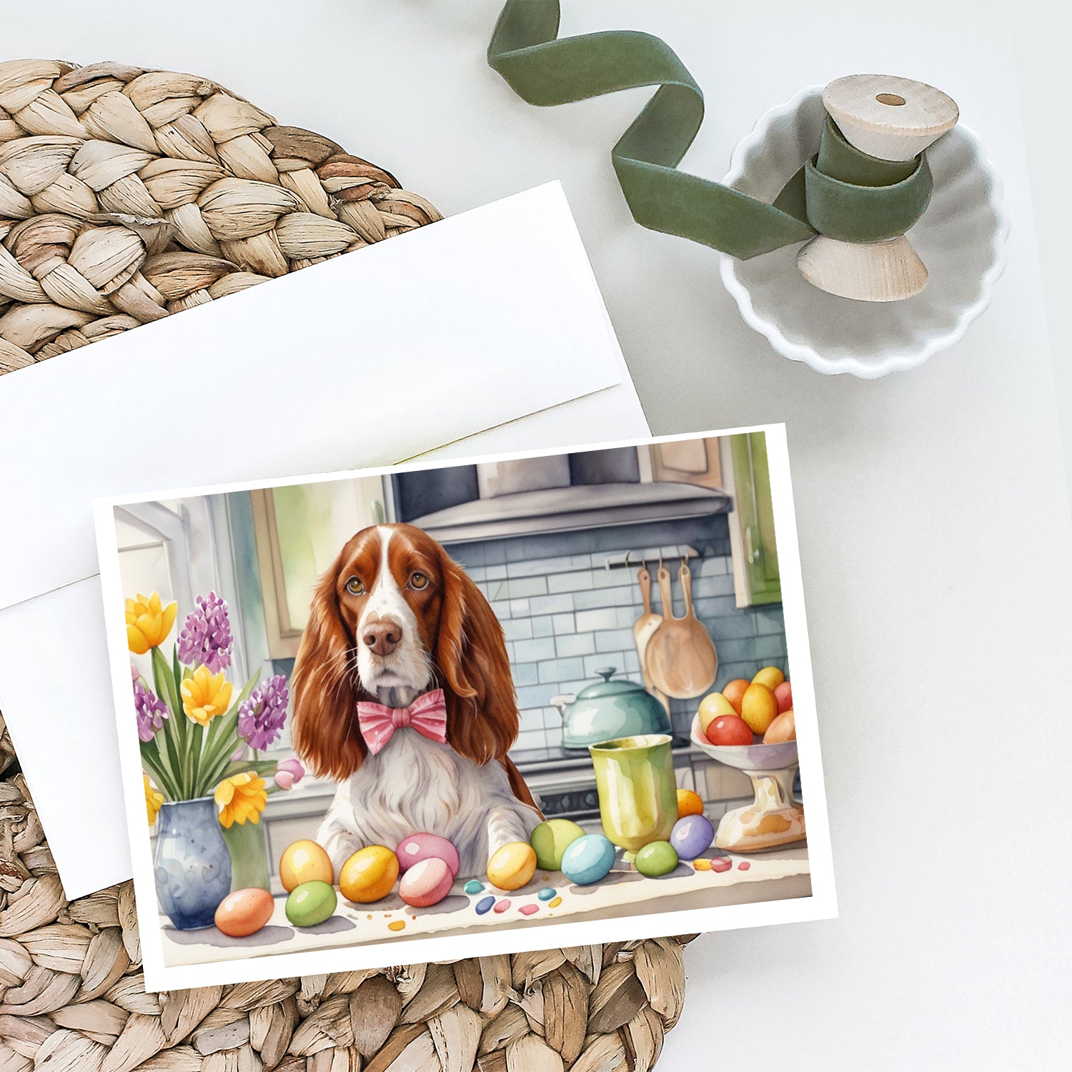 Buy this Decorating Easter Welsh Springer Spaniel Greeting Cards Pack of 8