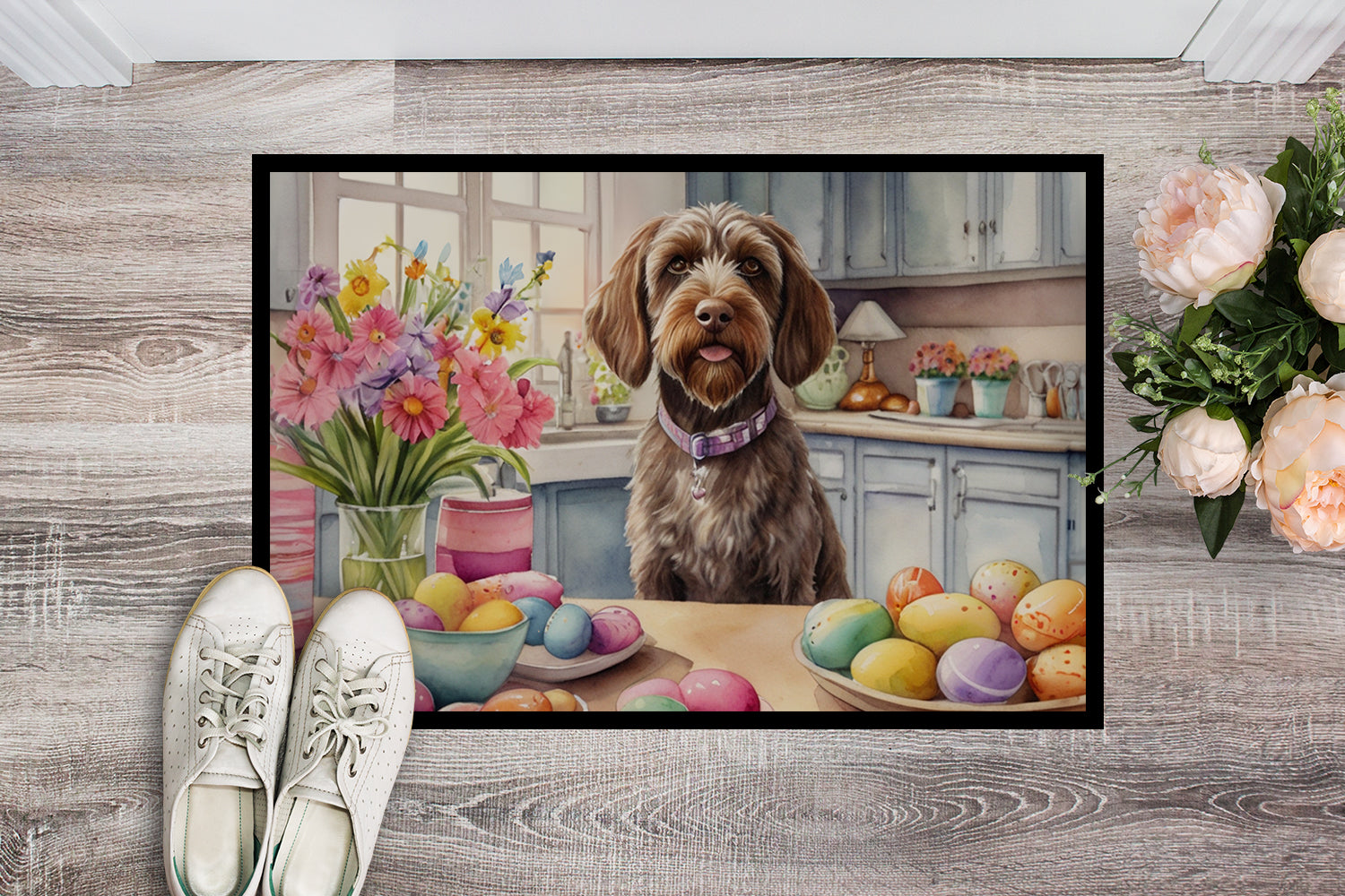 Decorating Easter Wirehaired Pointing Griffon Doormat