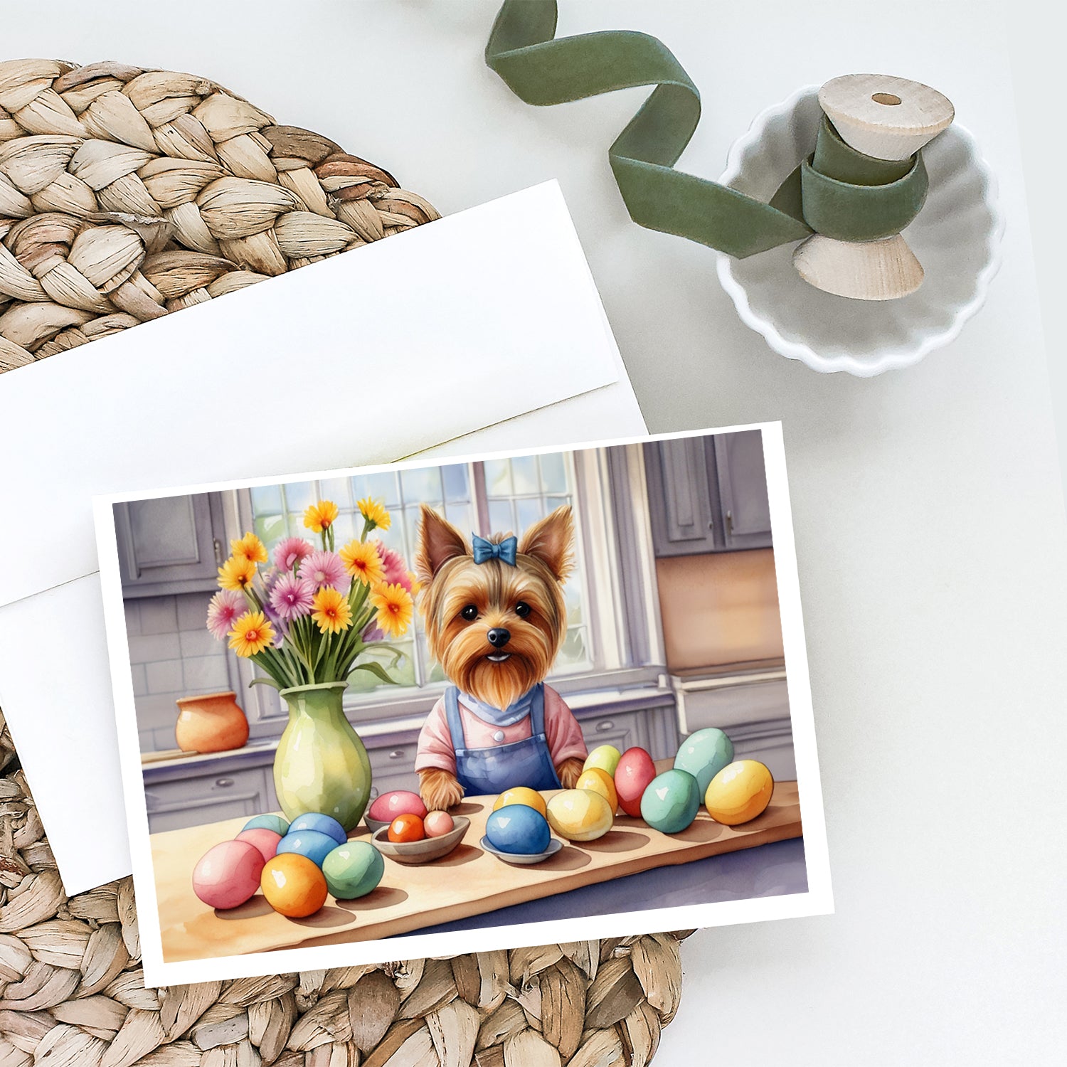 Decorating Easter Yorkshire Terrier Greeting Cards Pack of 8
