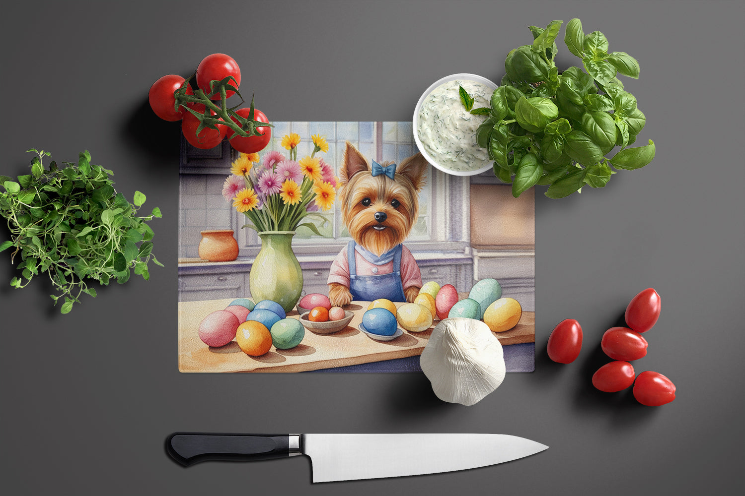 Decorating Easter Yorkshire Terrier Glass Cutting Board
