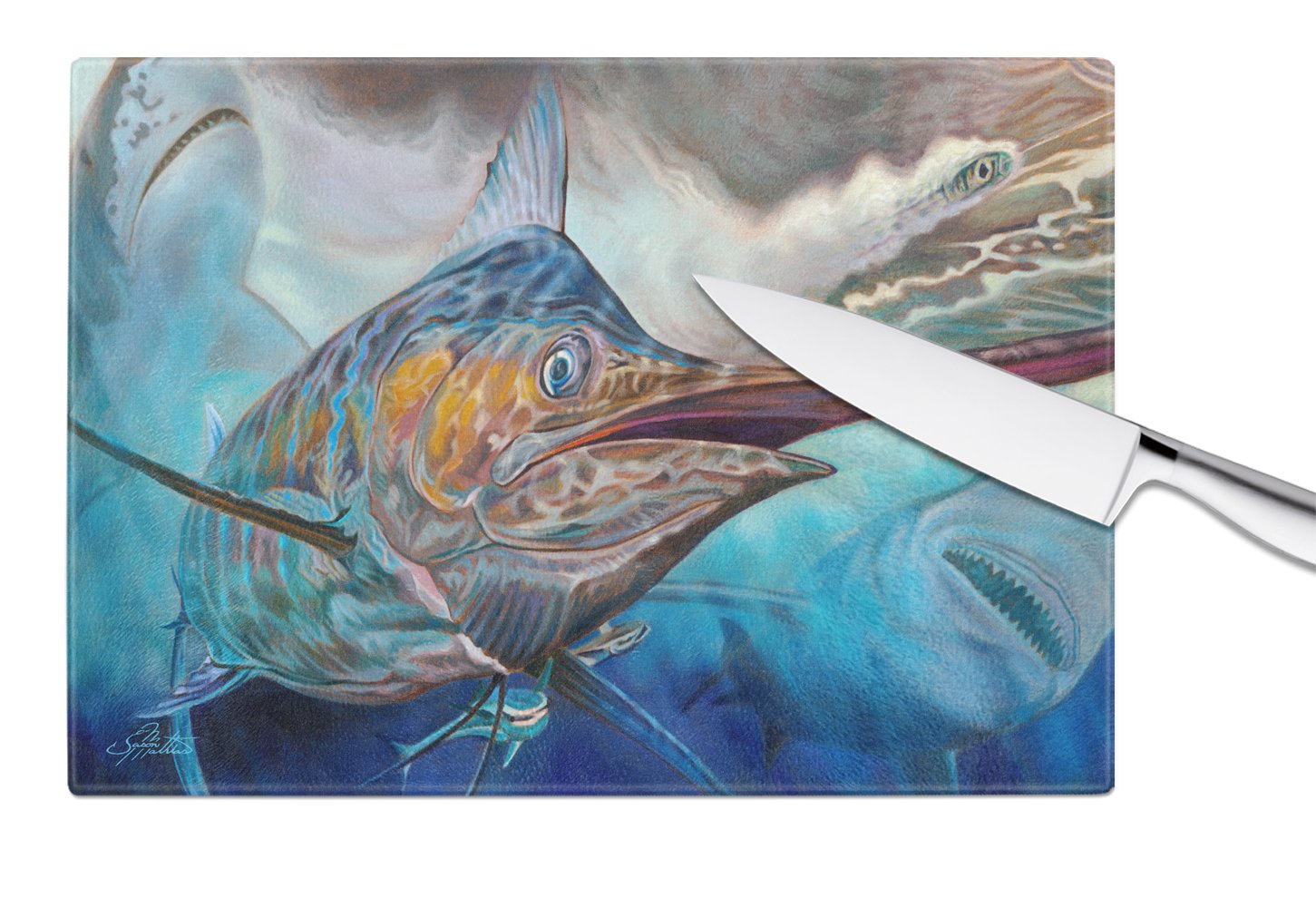 Running The Guantlet Blue Marlin Glass Cutting Board Large JMA2000LCB by Caroline's Treasures