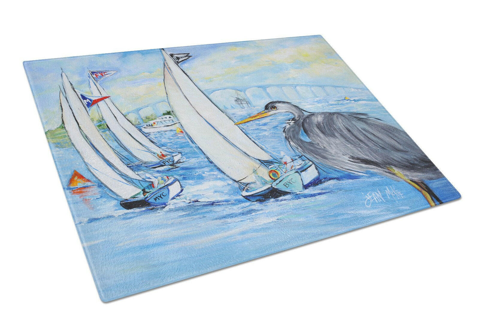 Blue Heron Sailboats Dog River Bridge Glass Cutting Board Large JMK1001LCB by Caroline's Treasures