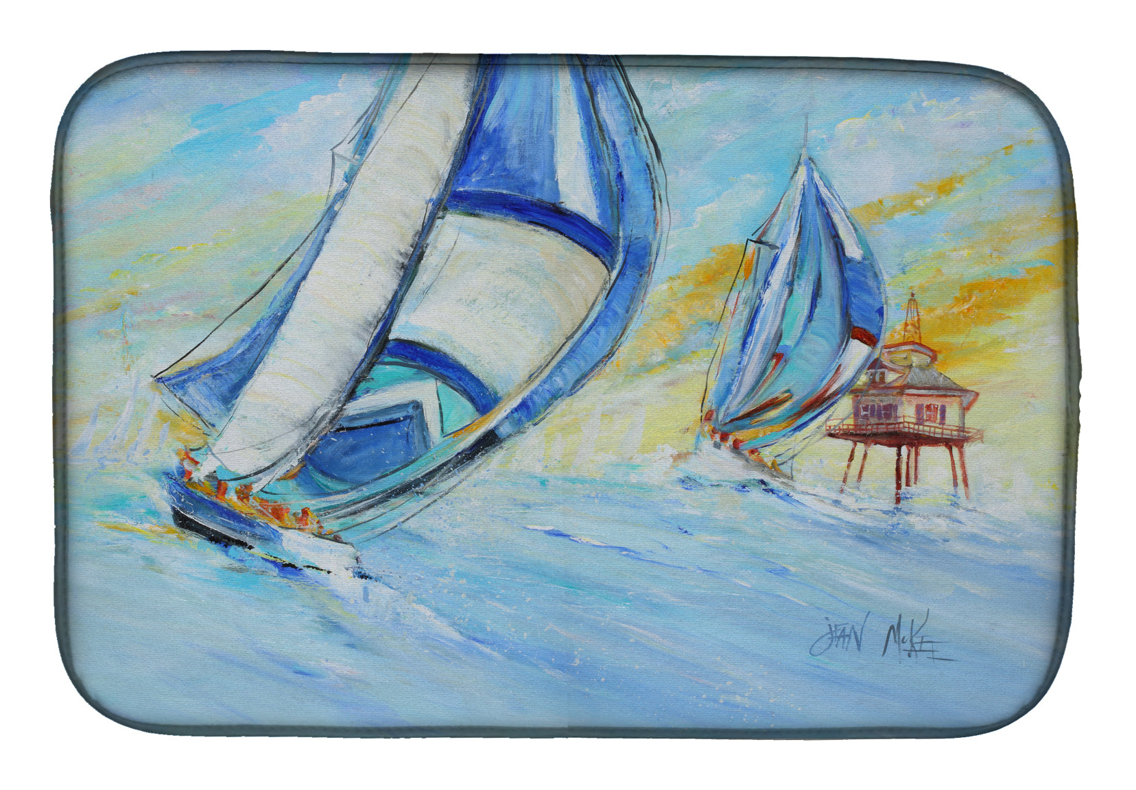 Sailboats and Middle Bay Lighthouse Dish Drying Mat JMK1005DDM