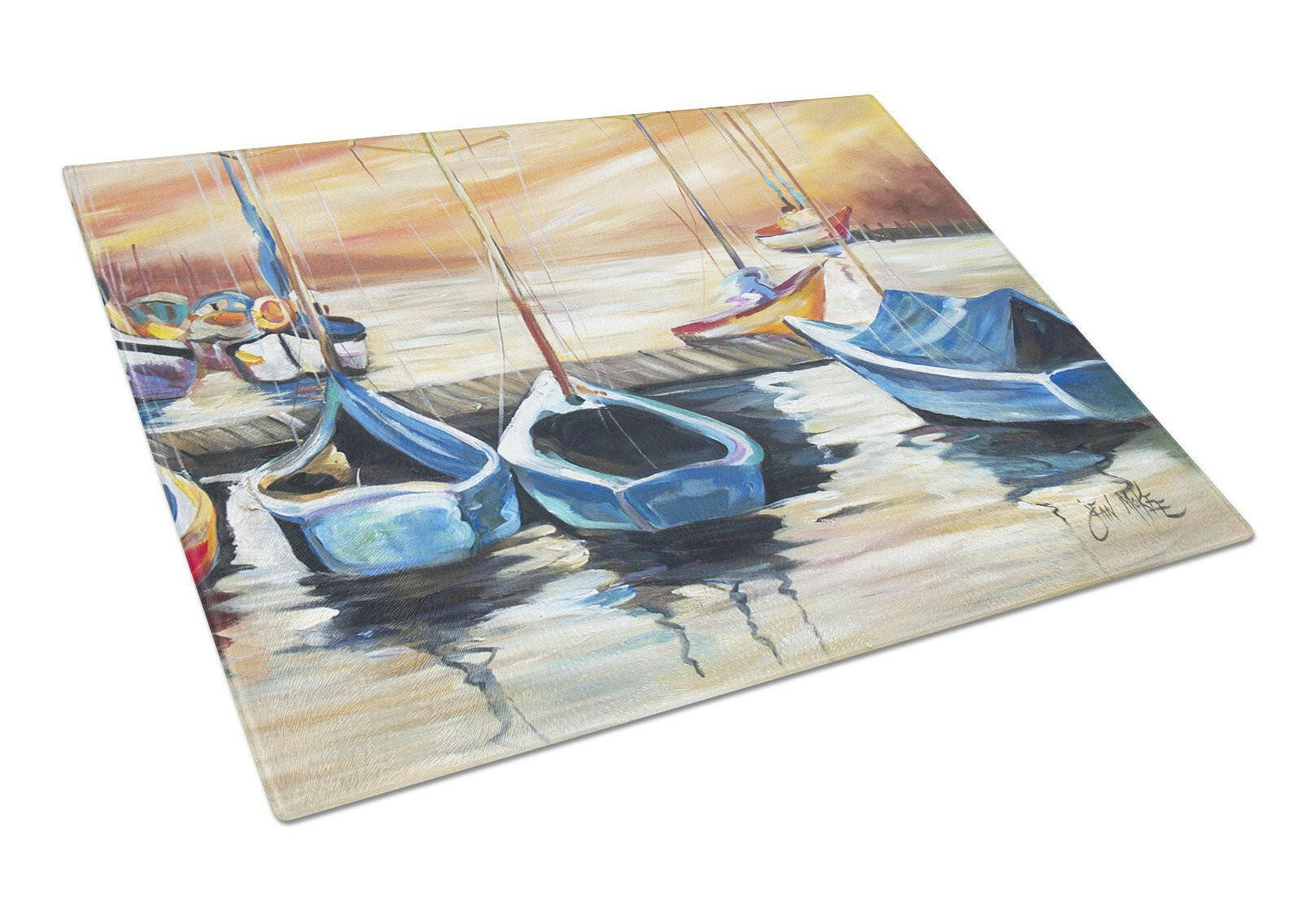 Beach View with Sailboats Glass Cutting Board Large JMK1038LCB by Caroline's Treasures