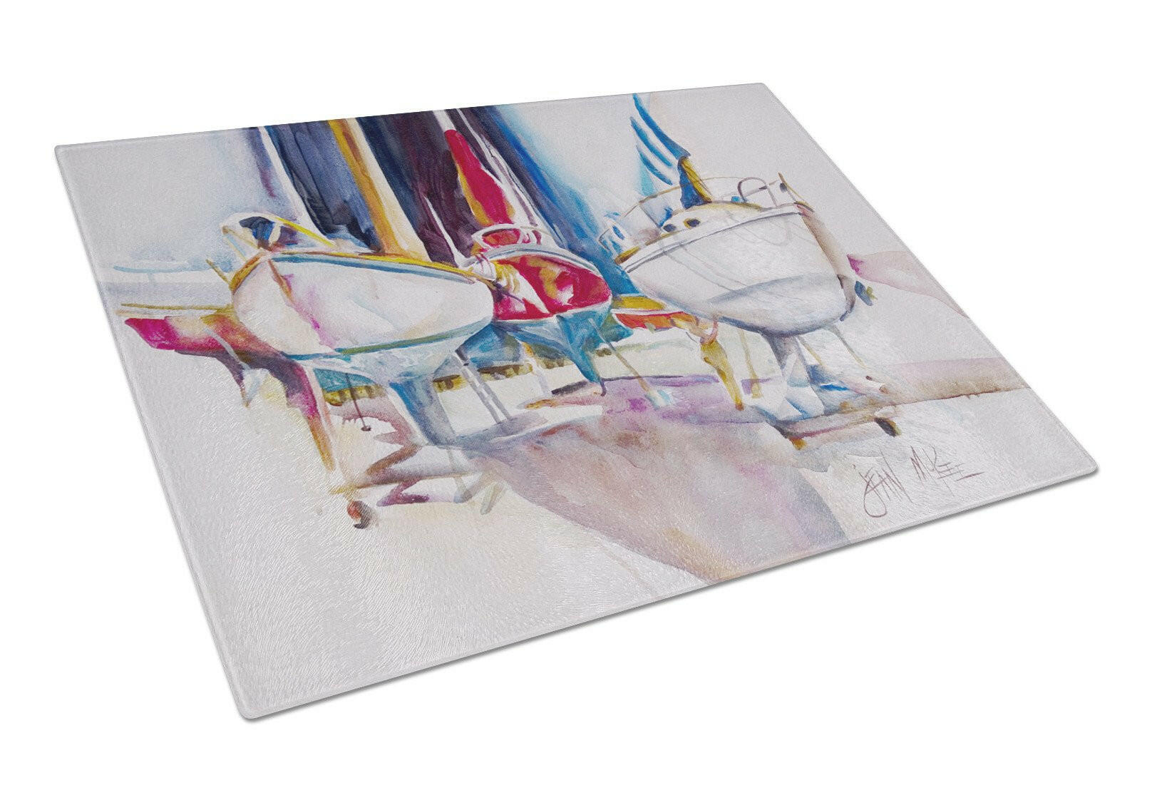 Sailboats in Dry Dock Glass Cutting Board Large JMK1039LCB by Caroline's Treasures