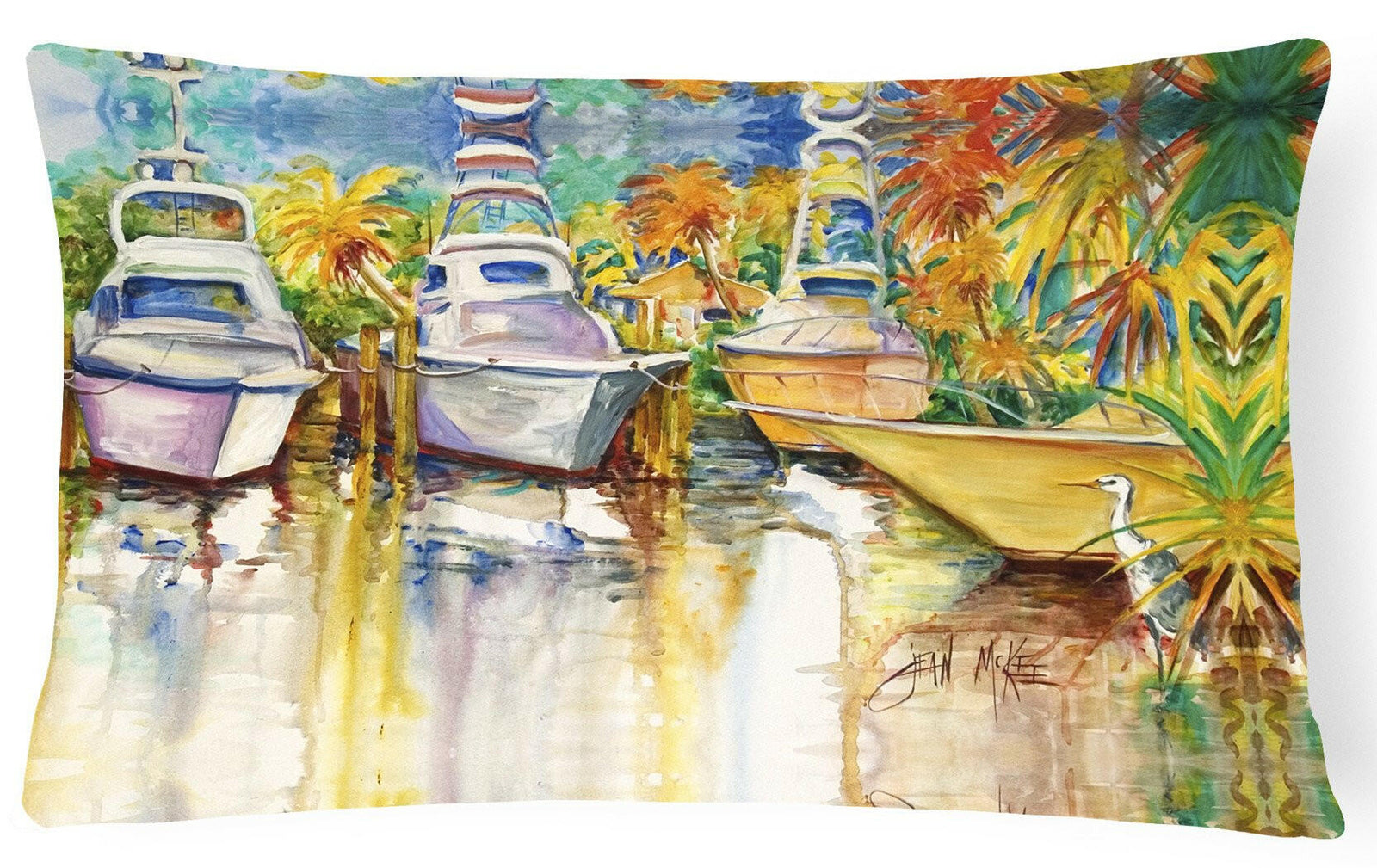 Blue Heron and Deep Sea Fishing Boats Canvas Fabric Decorative Pillow by Caroline's Treasures