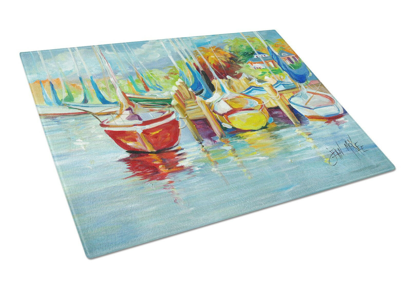 On the Dock Sailboats Glass Cutting Board Large JMK1070LCB by Caroline's Treasures
