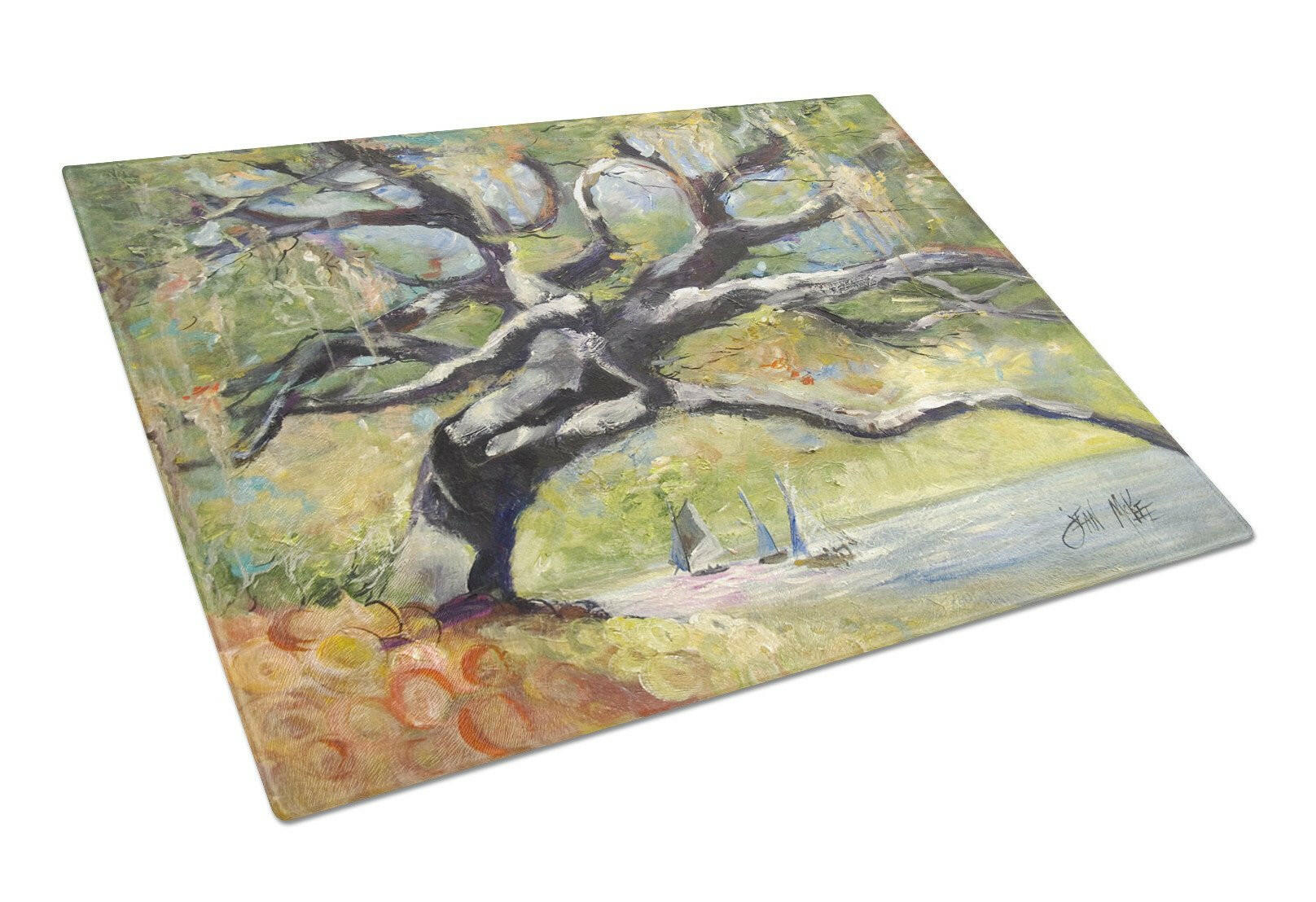 Oak Tree on the Bay with Sailboats Glass Cutting Board Large JMK1132LCB by Caroline's Treasures
