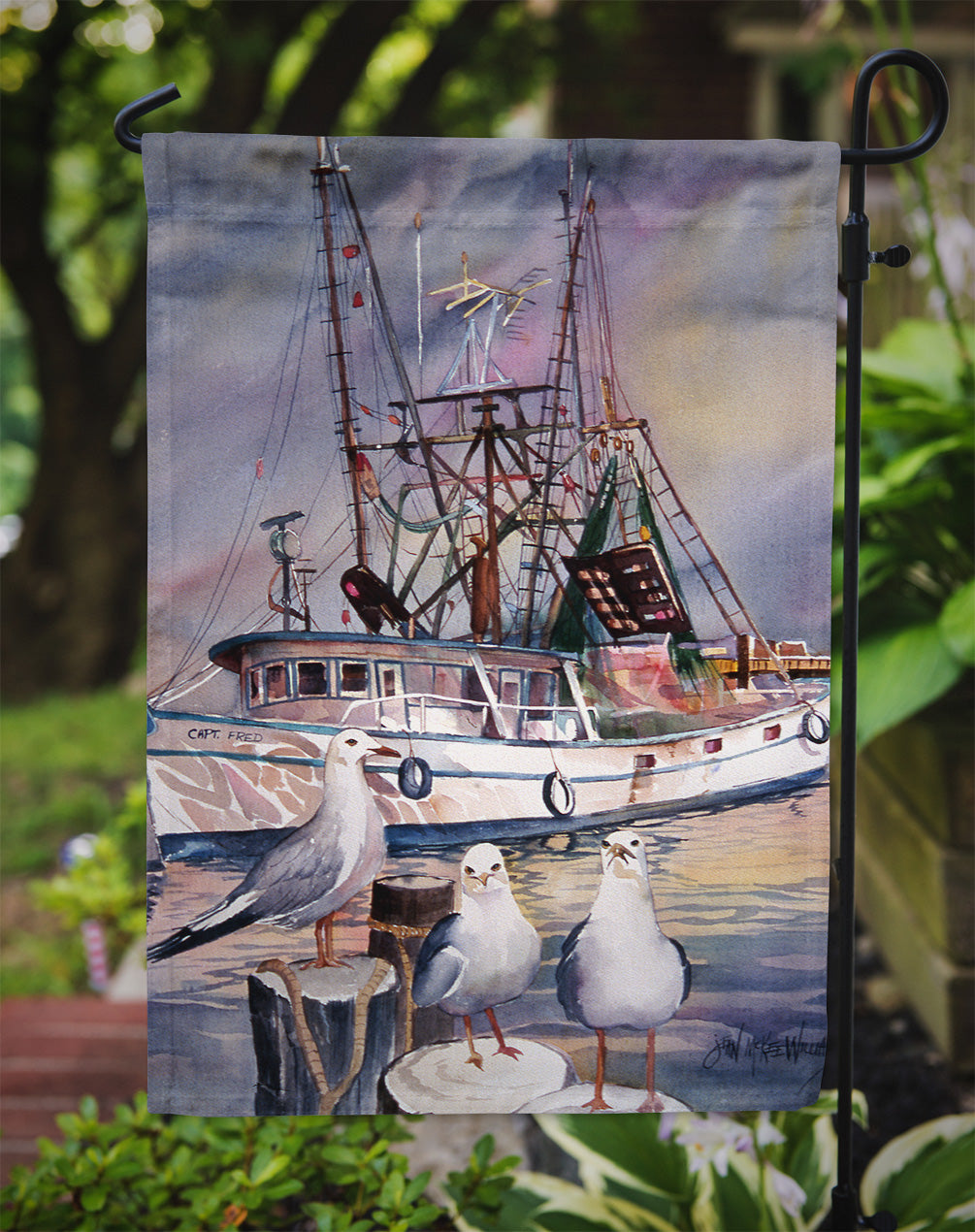 Sea Gulls and shrimp boats Flag Garden Size