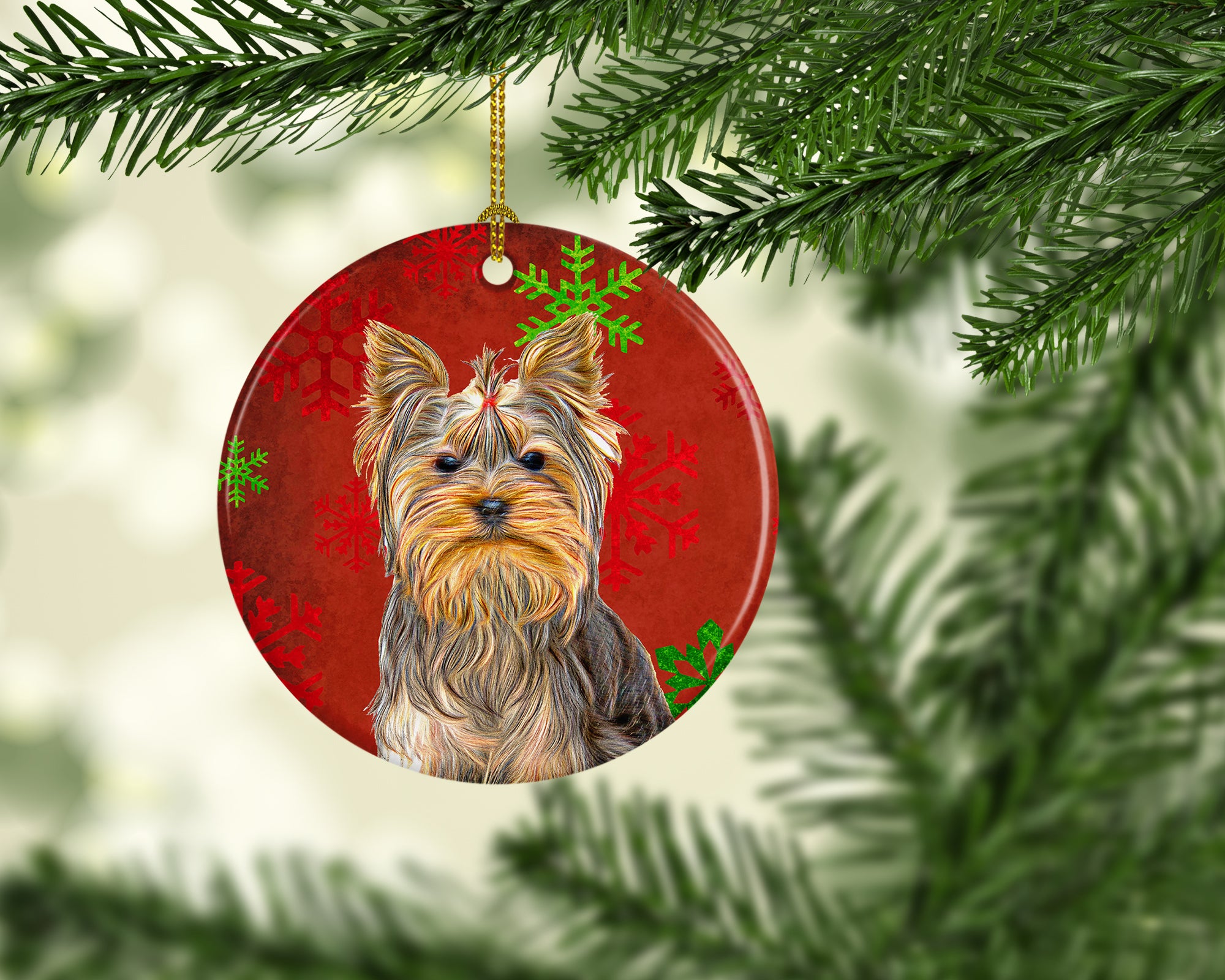 Red Snowflakes Holiday Christmas  Yorkie / Yorkshire Terrier Ceramic Ornament KJ1184CO1 - the-store.com
