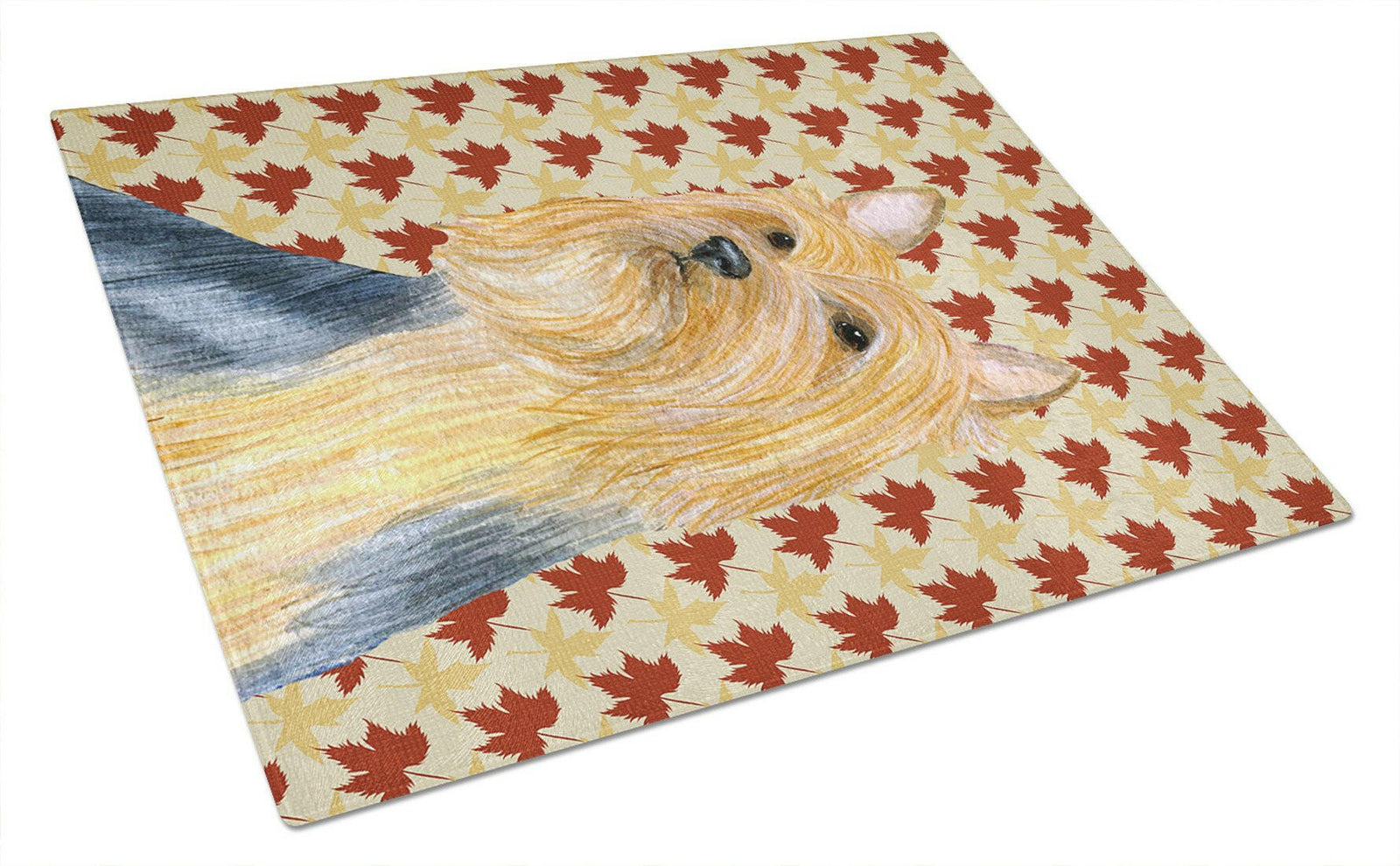Silky Terrier Fall Leaves Portrait Glass Cutting Board Large by Caroline's Treasures