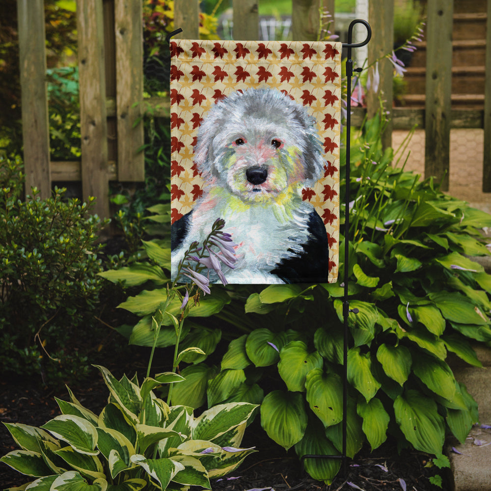 Old English Sheepdog Fall Leaves Portrait Flag Garden Size.