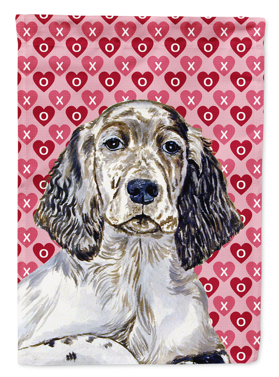 English Setter Hearts Love and Valentine's Day Portrait Flag Garden Size.