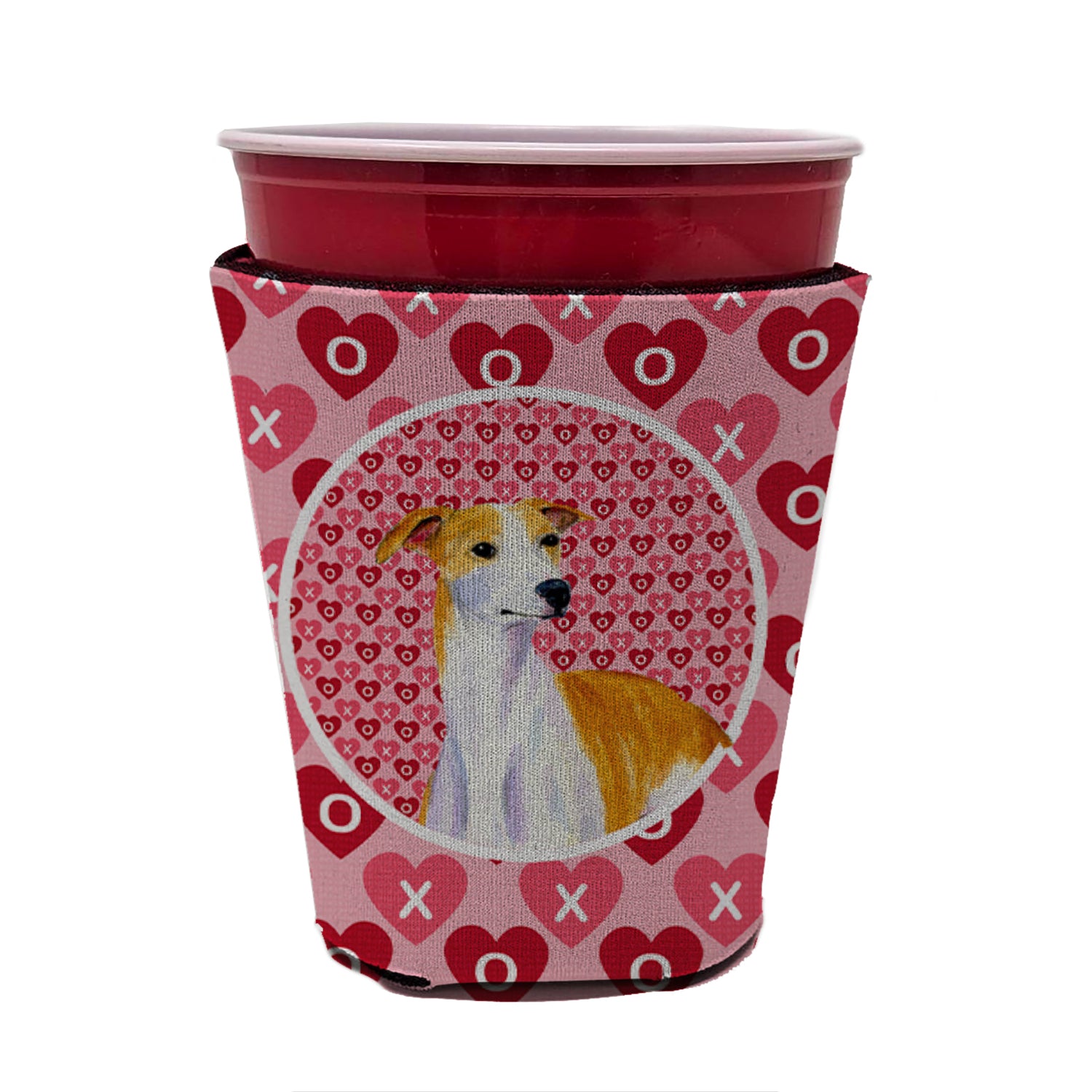 Whippet Valentine's Love and Hearts Red Cup Beverage Insulator Hugger