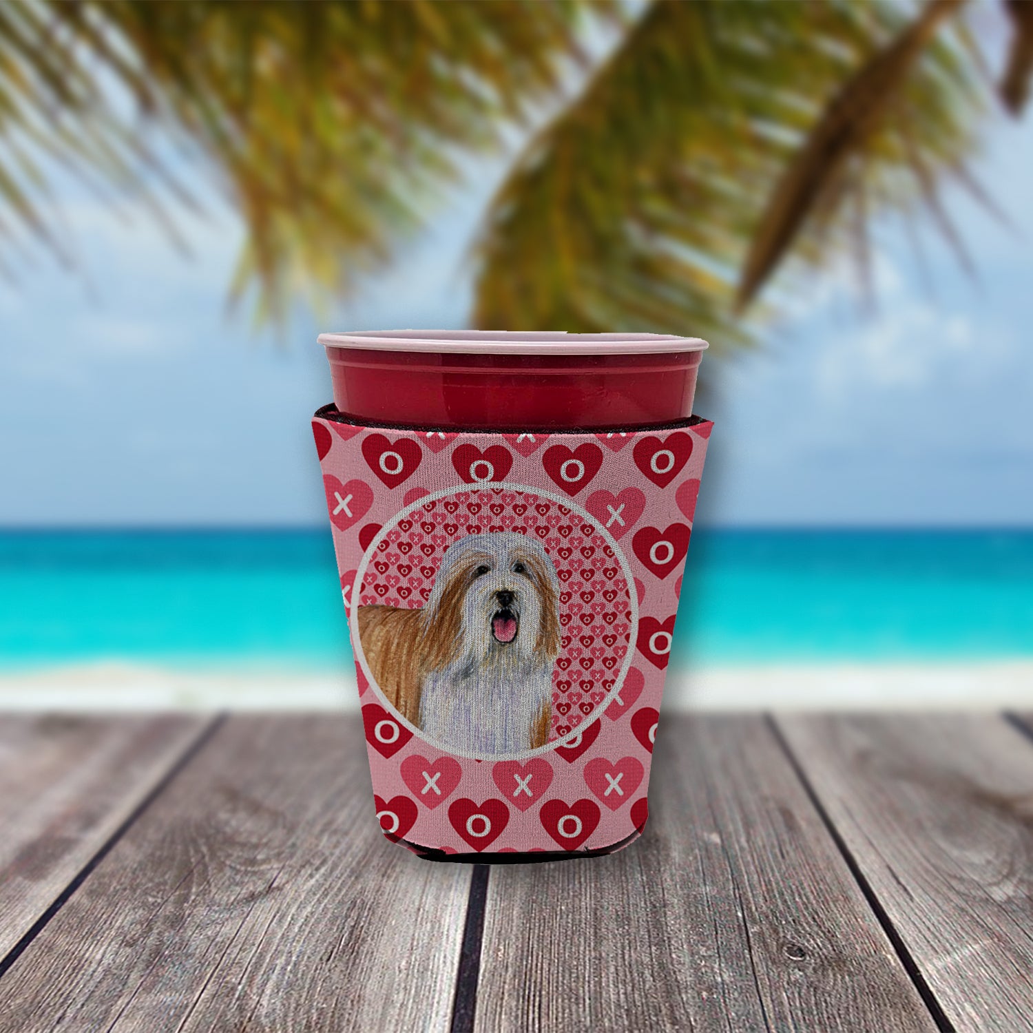 Bearded Collie Valentine's Love and Hearts Red Cup Beverage Insulator Hugger