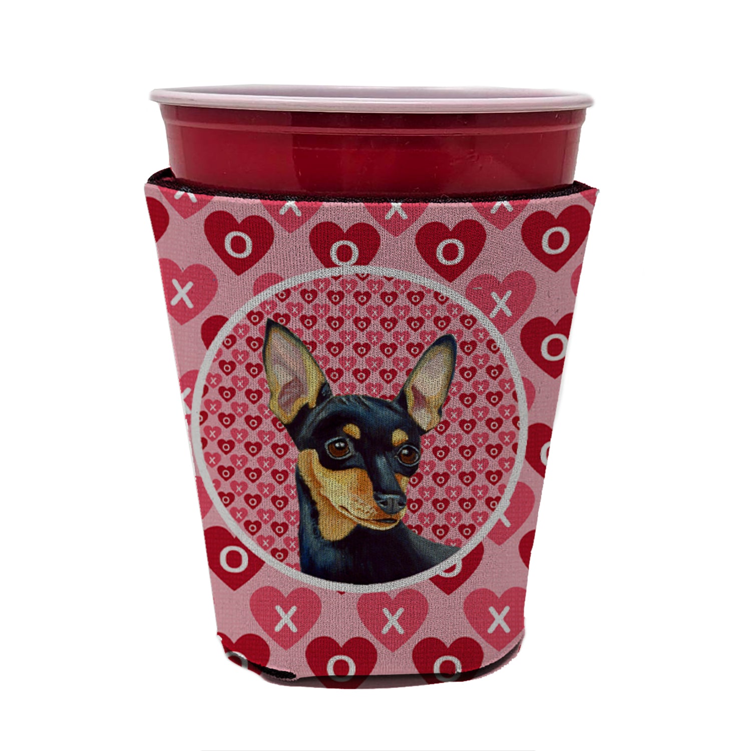 Min Pin Valentine's Love and Hearts Red Cup Beverage Insulator Hugger