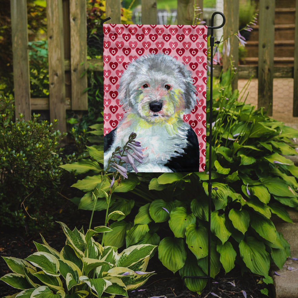 Old English Sheepdog Hearts Love and Valentine's Day Portrait Flag Garden Size.